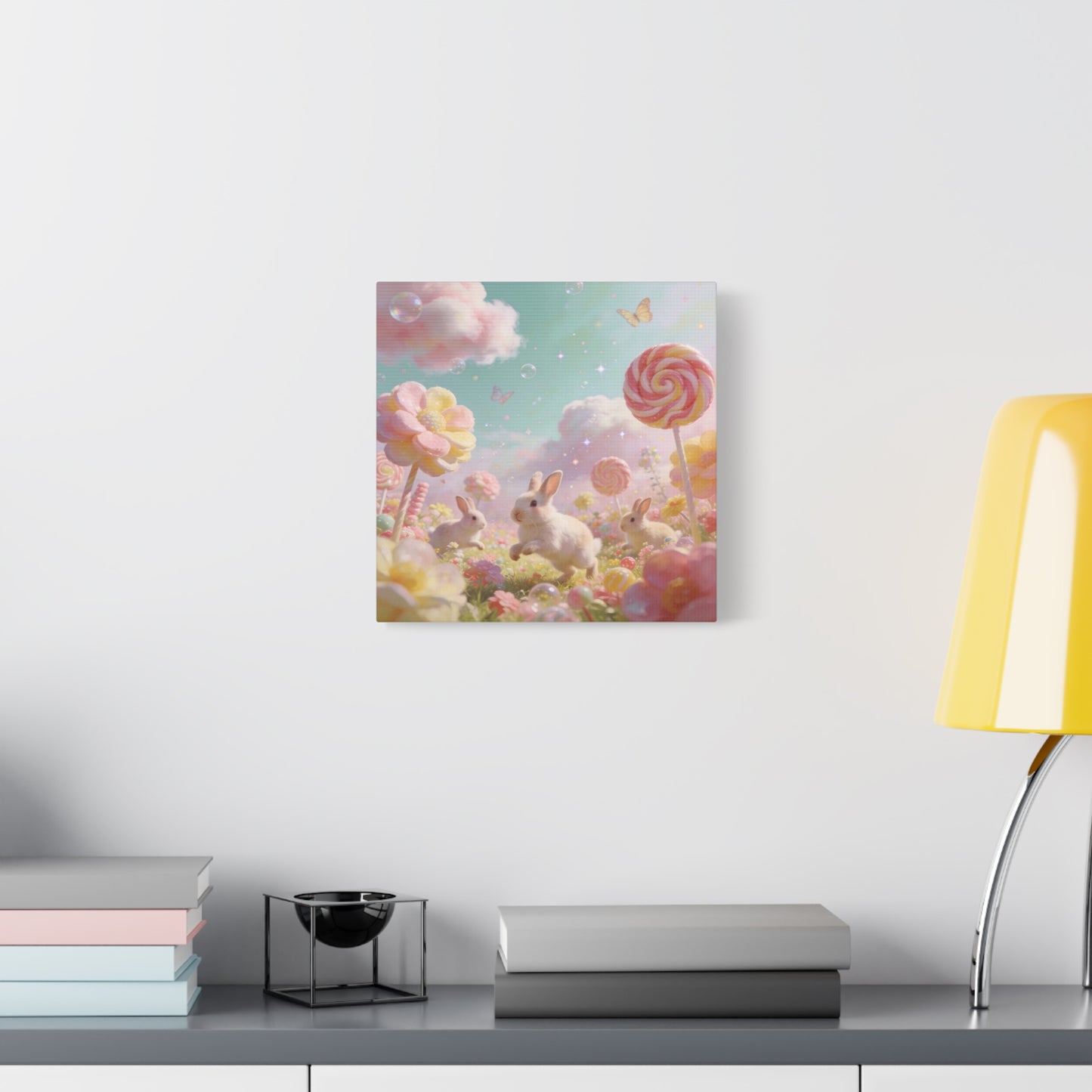 Bunny Candyland Canvas Wall Art - Pastel Rabbit Meadow, Lollipop Flowers, Dreamy Nursery Wall Decor - Whimsical Illustration - Bedroom Home Decoration, Kids Room Accent - Bedroom Home Decoration