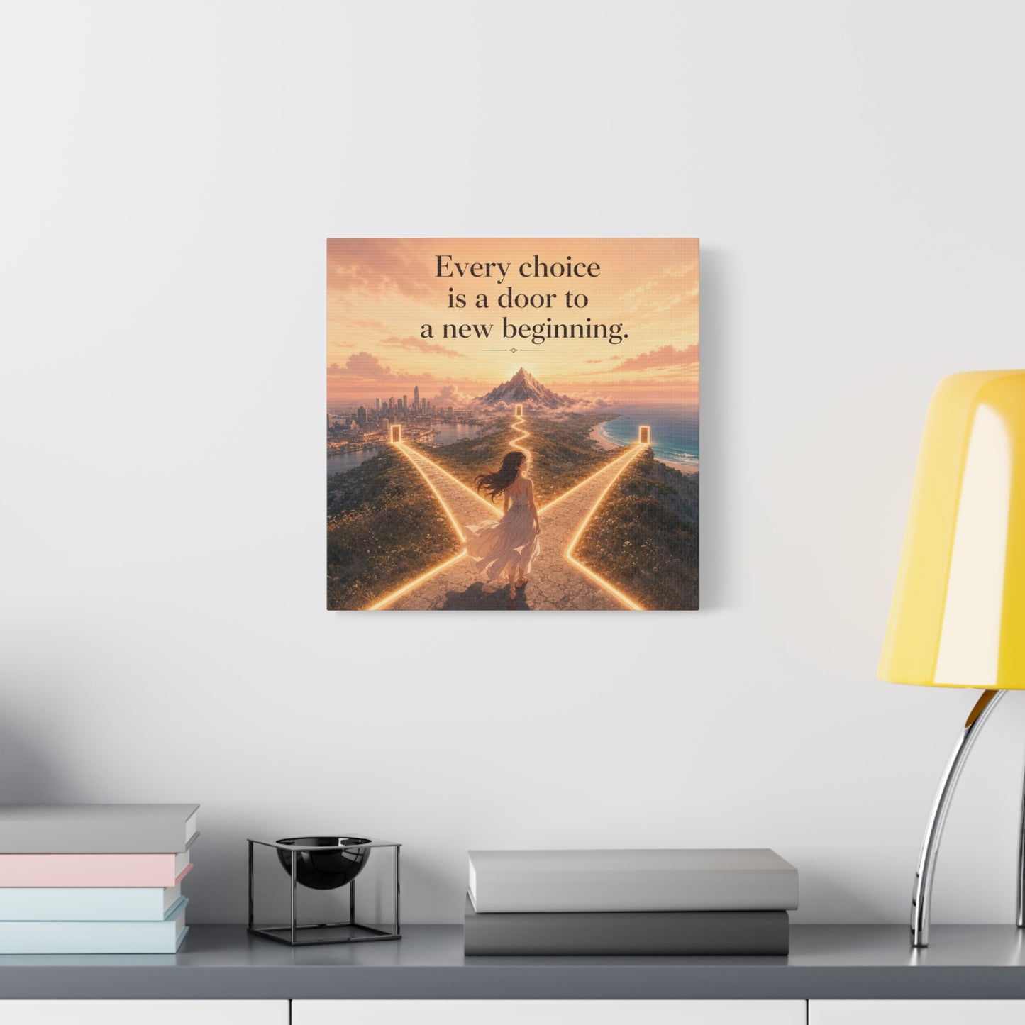 "Every Choice Is A Door To A New Beginning." Inspirational Canvas Wall Art - Woman At Glowing Crossroads Path, Mountain And Coast Dreamscape - Modern Typography Decor For Bedroom Office