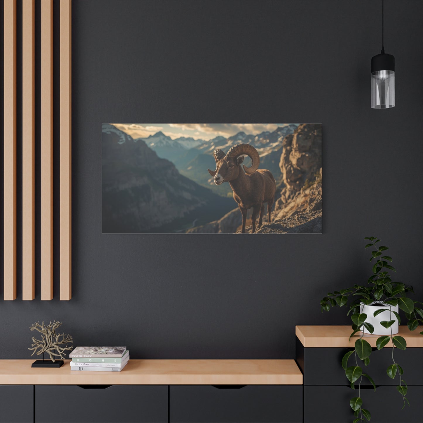 Bighorn Sheep Canvas Wall Art - Mountain Wildlife Art Print, Golden Alpine Cliff Scene - Matte Cotton Artwork - Rustic Lodge Decor, Living Room Wall Decor, Office Art - Bedroom Home Decoration