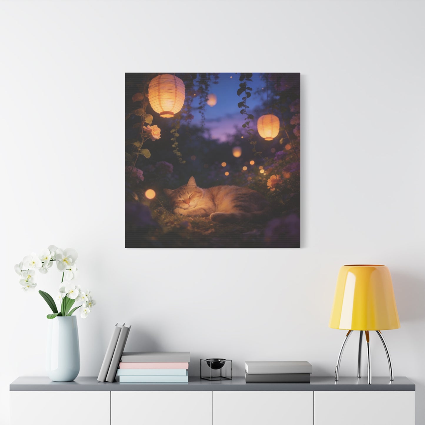 Sleeping Cat Canvas Wall Art - Lantern Lit Garden Night Scene, Dreamy Floral Canvas Print - Calming Cottagecore Style, Bedroom Wall Decor, Living Room Home Decoration - Bedroom Home Decoration