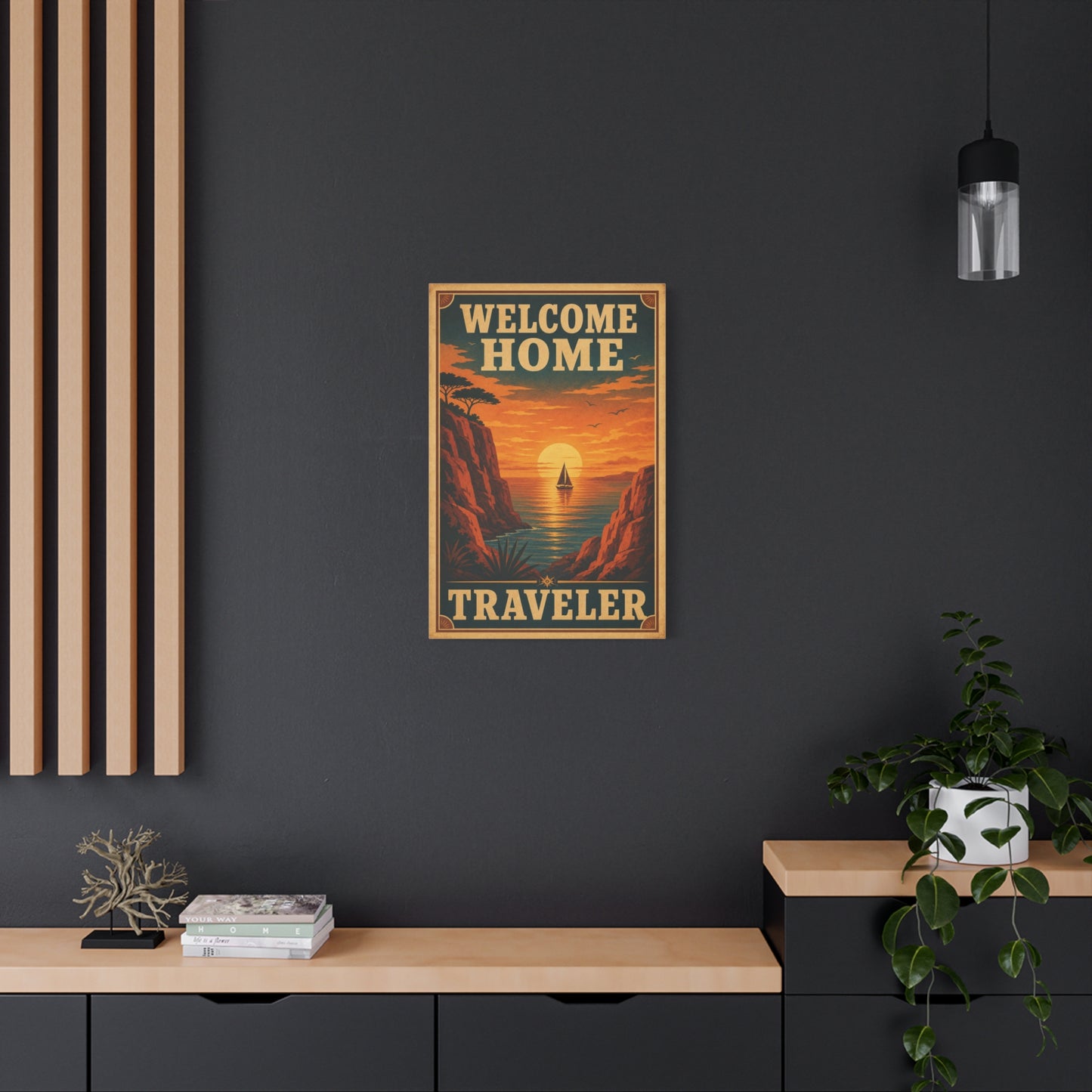 "Welcome Home Traveler" Vintage Coastal Canvas Wall Art - Sunset Sailboat Seascape Print - Retro Travel Poster Style - Living Room Wall Decor, Hallway Home Decoration - Modern Farmhouse Style