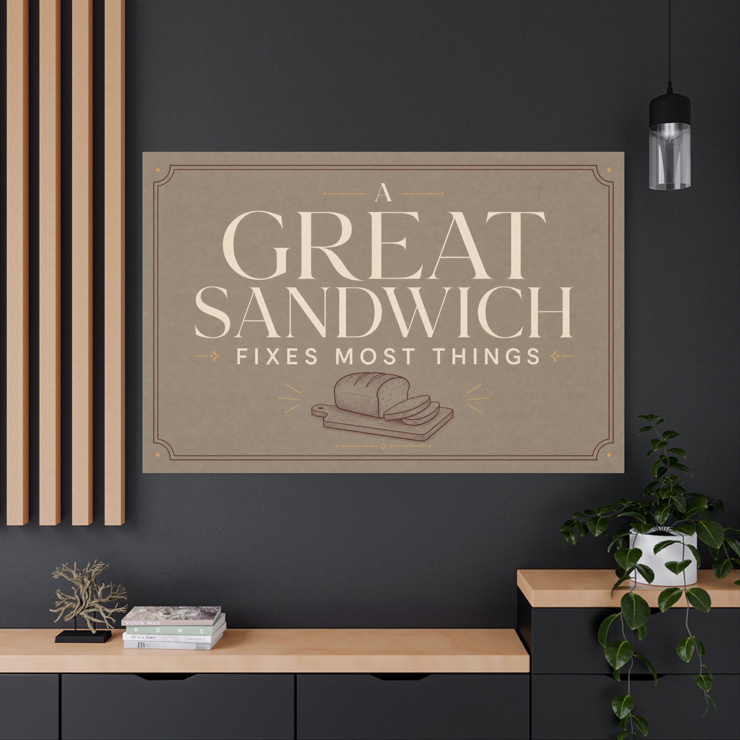 "A Great Sandwich Fixes Most Things" Canvas Wall Art - Vintage Typography Bread Illustration - Neutral Farmhouse Style - Funny Food Quote - Deli Wall Decor - Sandwich Shop Sign - Diner Decor