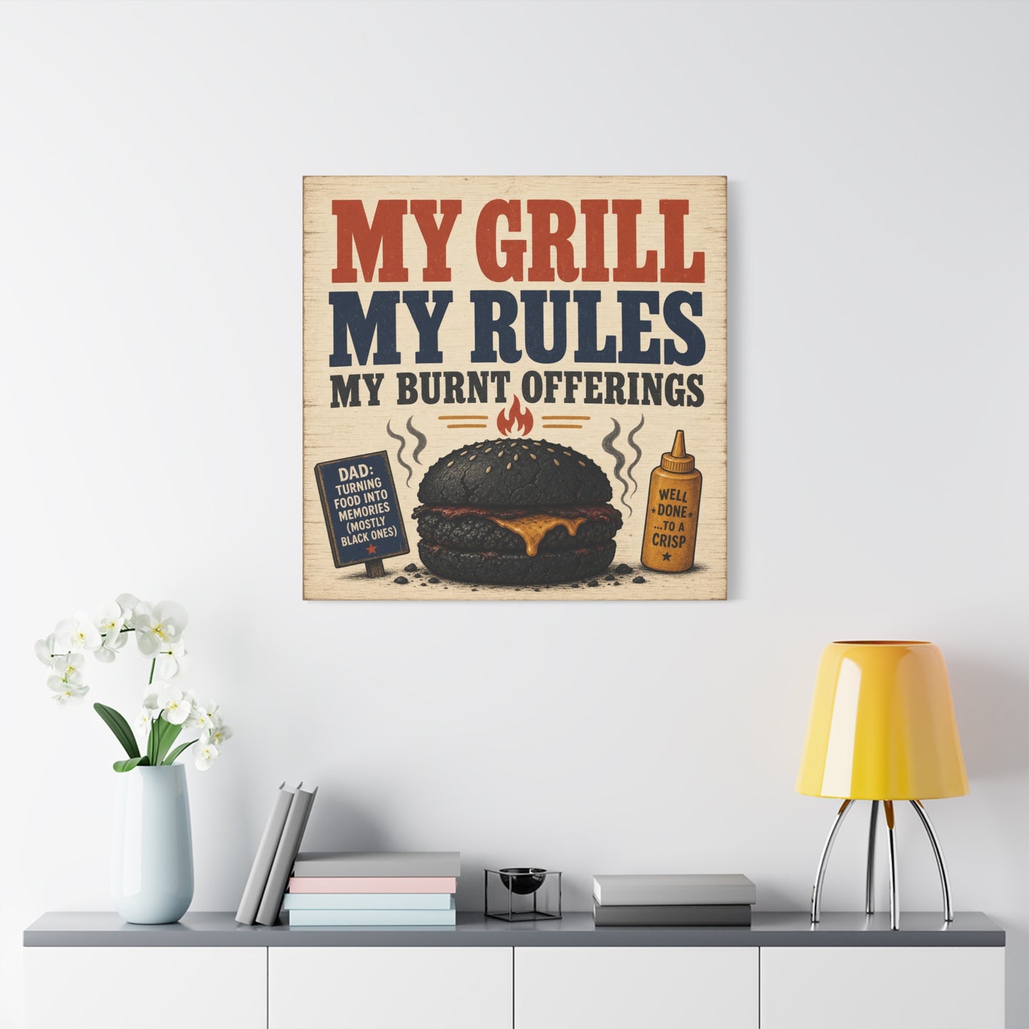 "My Grill My Rules My Burnt Offerings" Funny BBQ Canvas Wall Art - Burnt Burger Grill Sign, Rustic Farmhouse Kitchen Decor, Patriotic Red Blue Typography Print - Man Cave Wall Decor - Ready to Hang