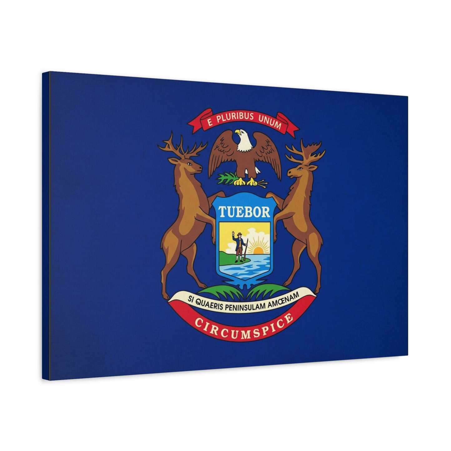 "E Pluribus Unum" Michigan State Flag Canvas Wall Art - Blue Crest With Elk Eagle And "Tuebor" - Vintage Heraldic Decor, Living Room Wall Decor, Office Art - Bedroom Home Decoration - Ready to Hang