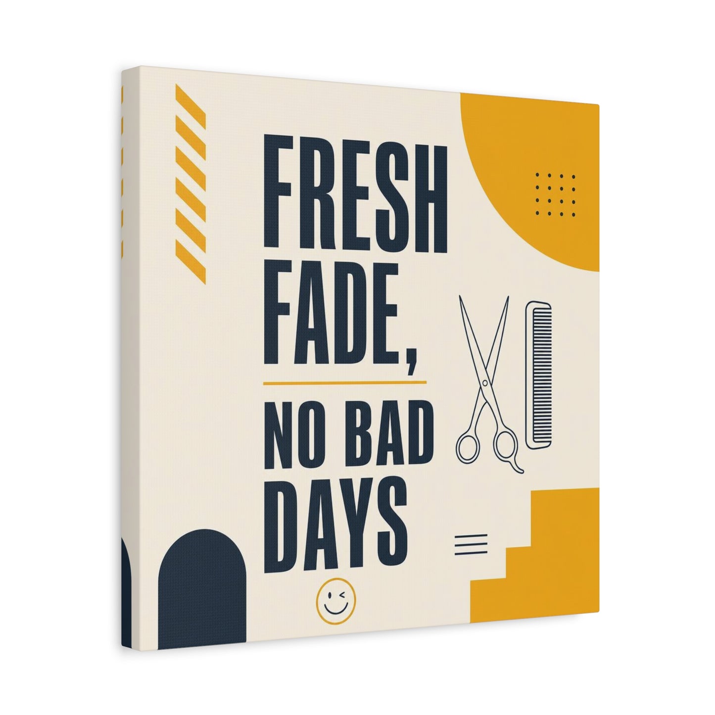 "Fresh Fade, No Bad Days" Barber Shop Canvas Wall Art - Scissors And Comb Typography Print - Modern Yellow Black Salon Decor - Workspace Wall Decor, Lobby Wall Art Accent - Gallery Wrapped Canvas