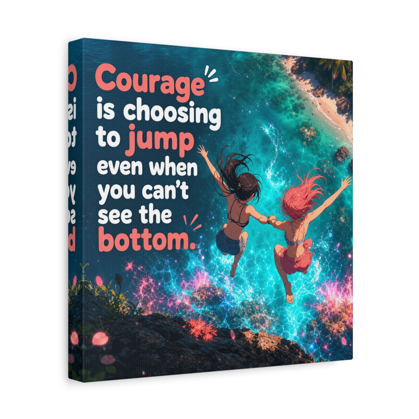 "Courage Is Choosing To Jump Even When You Can't See The Bottom" Canvas Wall Art - Coastal Quote Illustration, Inspirational Ocean Cliff Scene, Bedroom Wall Decor, Teen Space Accent - Ready to Hang