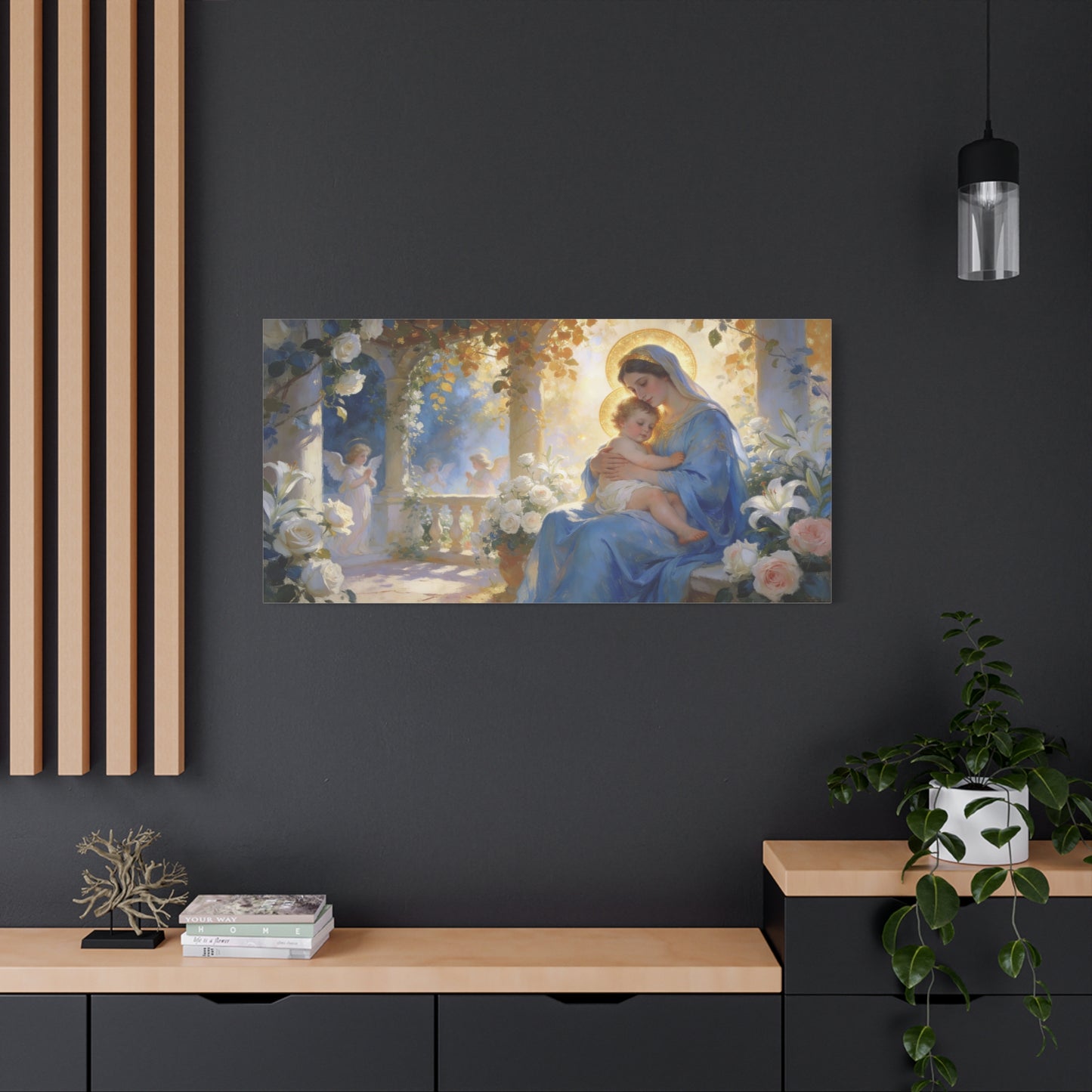 Virgin Mary And Baby Jesus Canvas Wall Art - Religious Madonna Lily Rose Painting - Traditional Blue Gold Sacred Nursery Style - Bedroom Wall Decor, Christian Home Accent - Bedroom Home Decoration