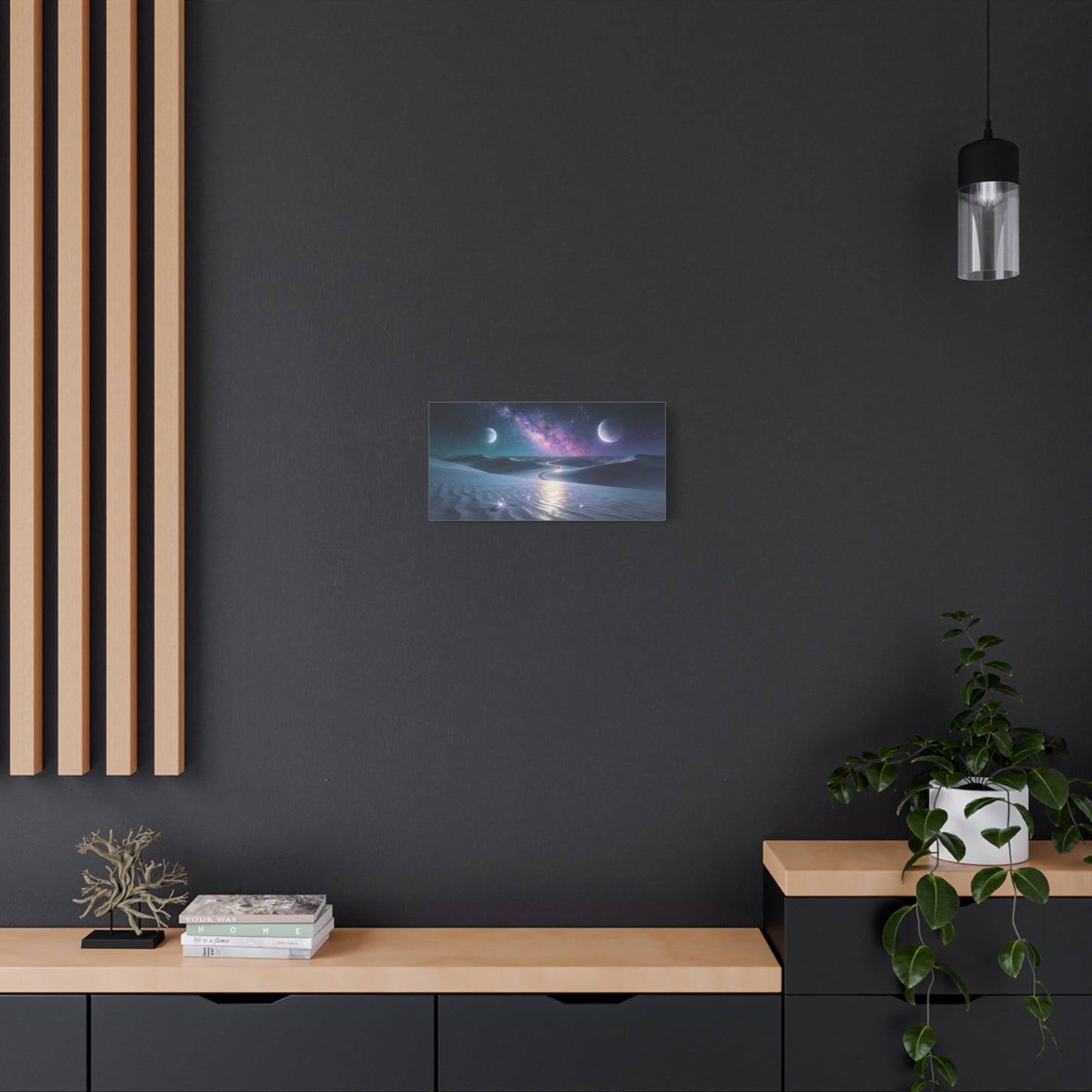 Celestial Desert Canvas Wall Art - Milky Way, Twin Moons, Luminous Dunes - Surreal Nightscape Cotton Print - Contemporary Style, Bedroom Home Decoration, Office Wall Decor - Bedroom Home Decoration