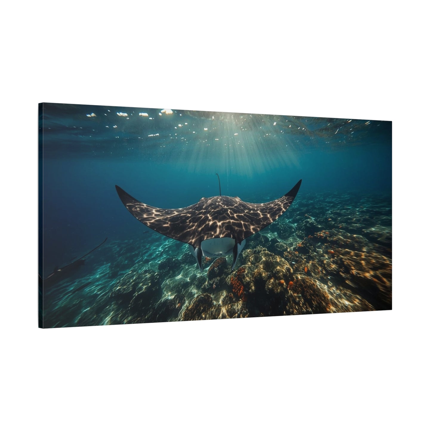 Manta Ray Canvas Wall Art - Underwater Ocean Art Print, Blue Coral Reef Seascape - Matte Cotton Canvas Print - Coastal Wall Decor, Living Room Home Decoration, Office Art - Bedroom Home Decoration