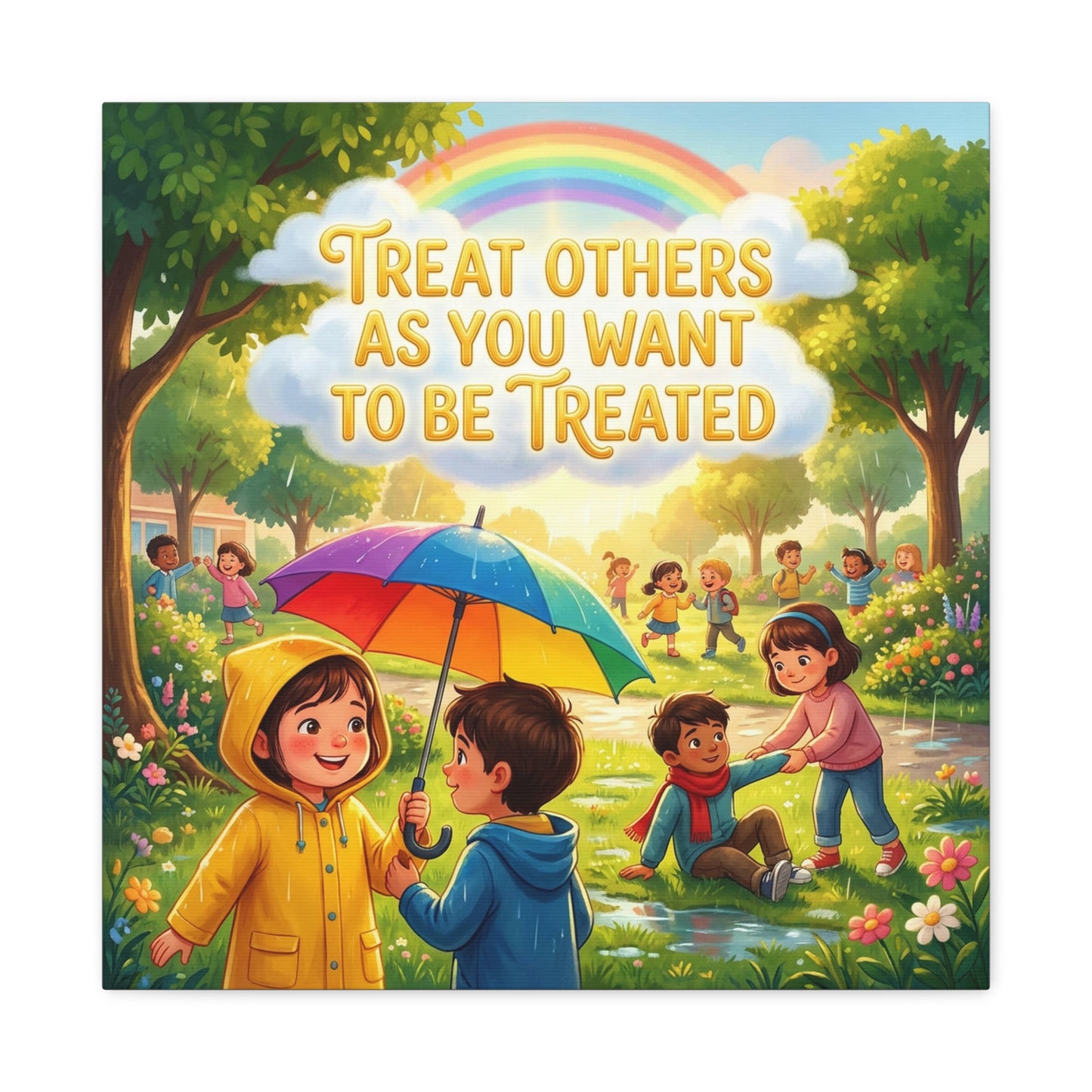 "Treat Others As You Want To Be Treated" Kids Canvas Wall Art - Rainbow Umbrella Kindness Quote Print - Colorful Classroom Decor - Nursery Playroom Bedroom Home Decoration - Bohemian Wall Hanging