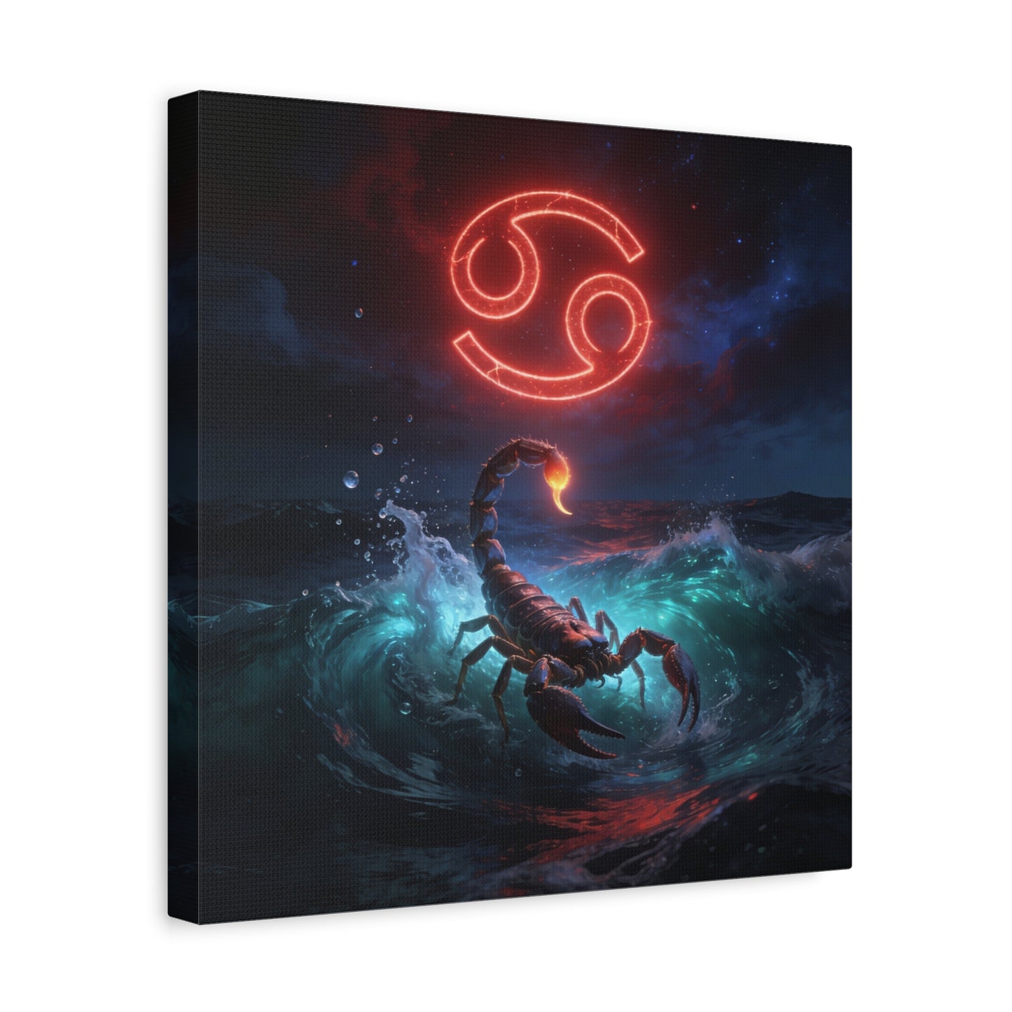 Cancer Zodiac Canvas Wall Art - Neon Crab Ocean Astrology Print, Celestial Night Seascape, Matte Canvas Decor, Bedroom Home Decoration, Living Room Wall Decor, Modern Space Style - Ready to Hang