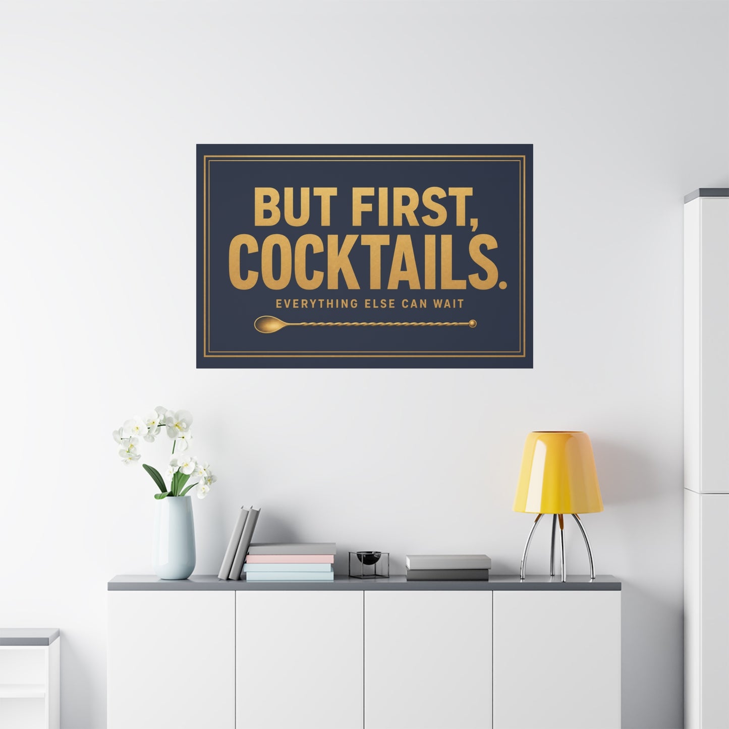 "But First, Cocktails. Everything Else Can Wait" Canvas Wall Art - Navy And Gold Typography Bar Decor - Modern Cocktail Lounge Print - Ready to Hang