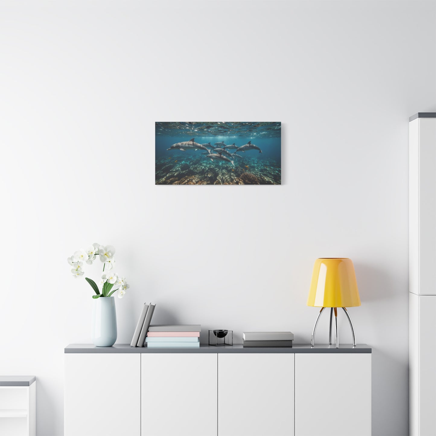 Dolphin School Canvas Wall Art - Underwater Ocean Art Print, Blue Coastal Decor - Matte Canvas Print, Contemporary Seascape Style - Living Room Wall Decor, Bedroom Home Decoration - Ready to Hang