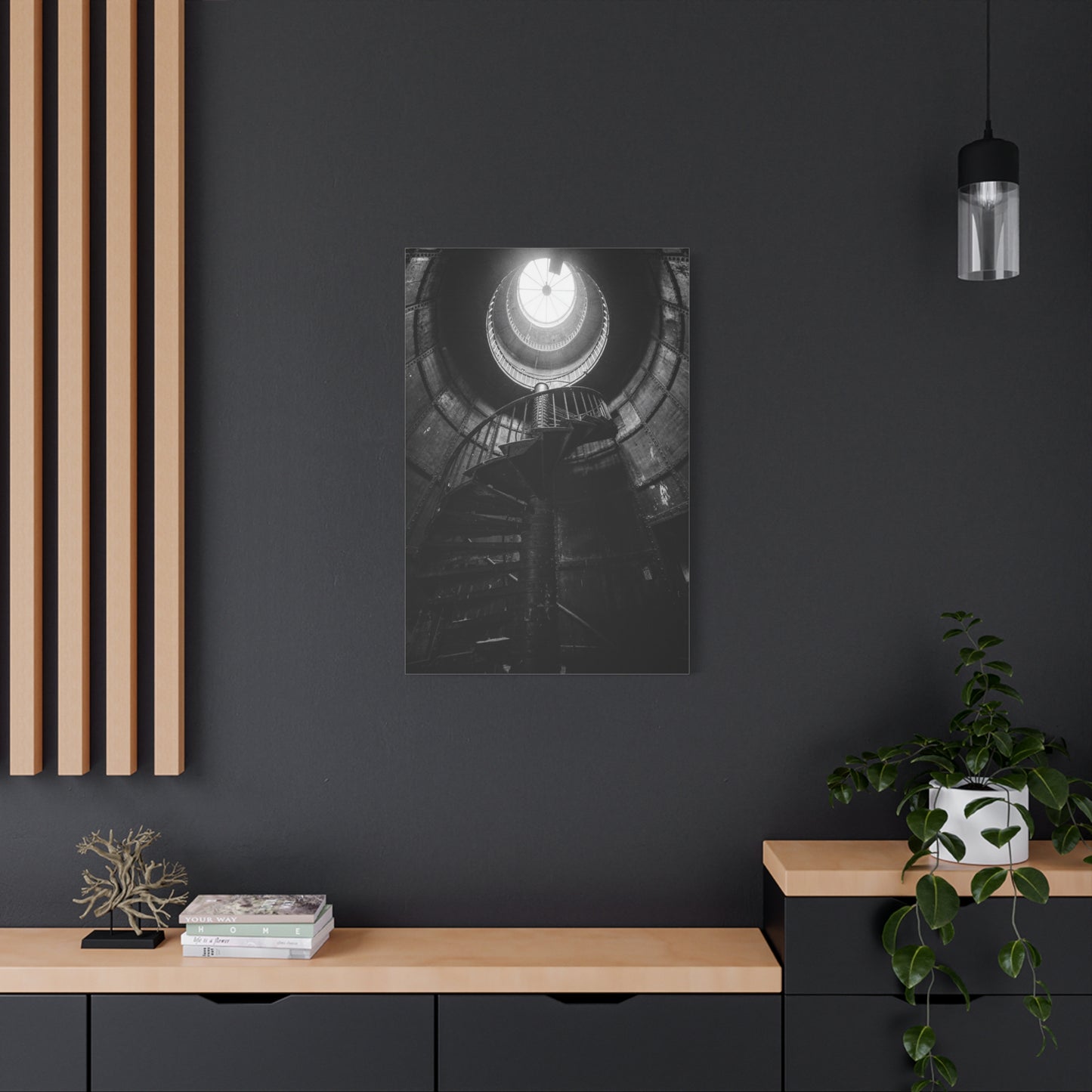 Black And White Spiral Staircase Canvas Wall Art - Architectural Art Print, Industrial Contemporary Style, Moody Home Decor, Home Office Wall Art, Living Room Accent - Modern Farmhouse Style