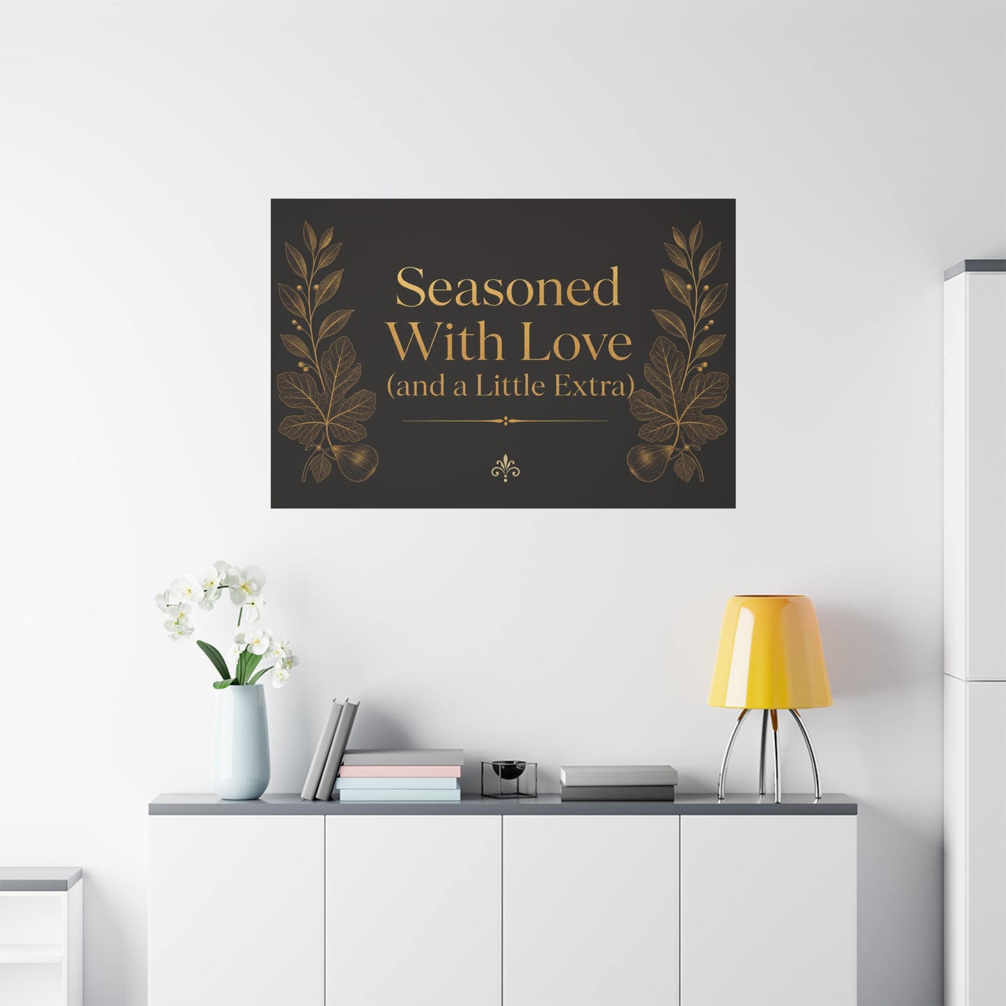 "Seasoned With Love (and a Little Extra)" Typography Canvas Wall Art - Black And Gold Kitchen Quote Decor, Vintage Botanical Cooking Wall Hanging, Dining Room Home Decoration - Bedroom Home Decoration