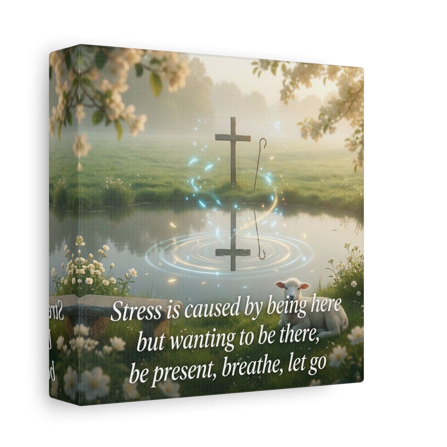 "Stress is caused by being here but wanting to be there, be present, breathe, let go" Cross Canvas Wall Art - Christian Inspirational Pond Scene - Traditional Style - Bedroom Wall Decor