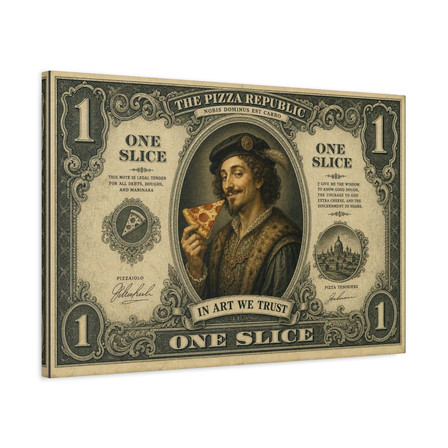 "The Pizza Republic" One Slice Vintage Canvas Wall Art - Renaissance Pizza Portrait, Typography Money Note Design - Matte Cotton Print - Kitchen Decor, Cafe Wall Decor - Bedroom Home Decoration