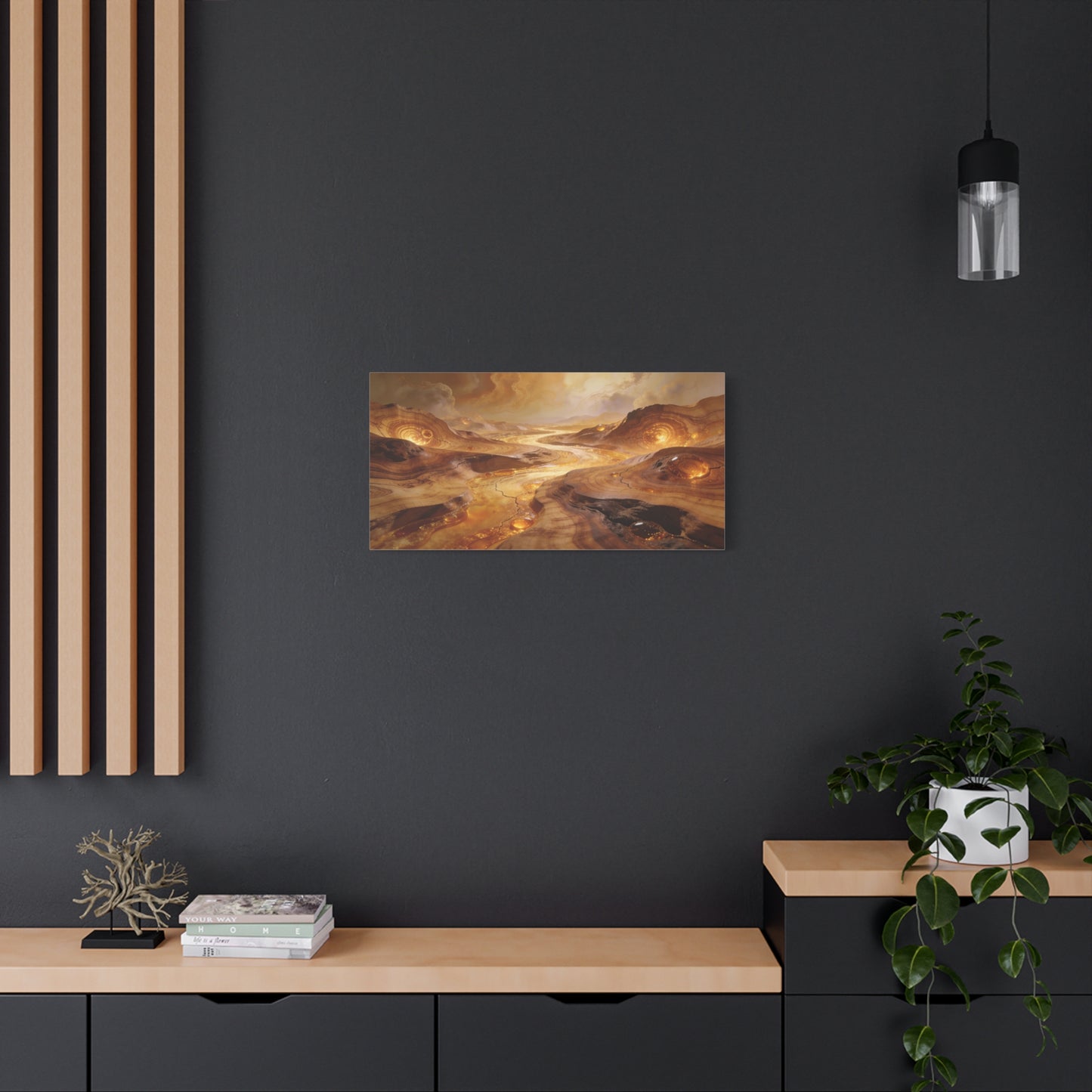 Golden Abstract Landscape Canvas Wall Art - Glowing River, Swirling Stone Forms - Contemporary Matte Canvas Print - Living Room Wall Decor, Bedroom Home Decoration, Office Art - Modern Farmhouse Style