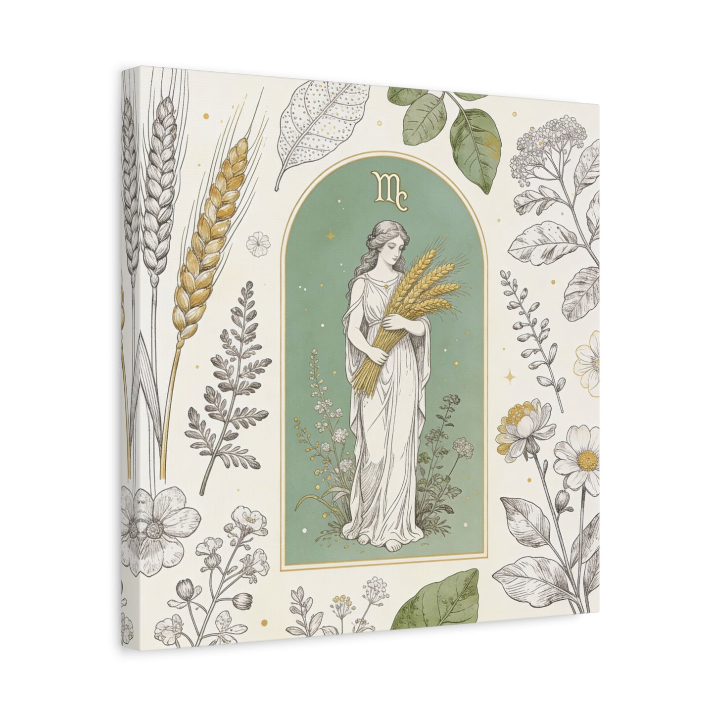 Virgo Zodiac Canvas Wall Art - Botanical Maiden Holding Wheat, Celestial Illustration - Sage Green Gold Cotton Print - Vintage Astrology Decor, Bedroom Wall Hanging Accent - Bedroom Home Decoration