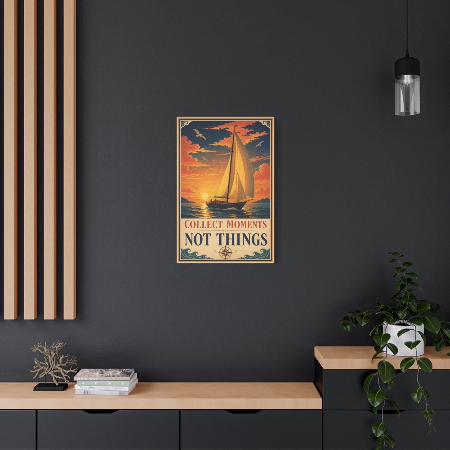 "Collect Moments Not Things" Sailboat Canvas Wall Art - Vintage Nautical Sunset Seascape, Inspirational Ocean Poster Style - Coastal Living Room Wall Decor, Bedroom Home Decoration - Ready to Hang