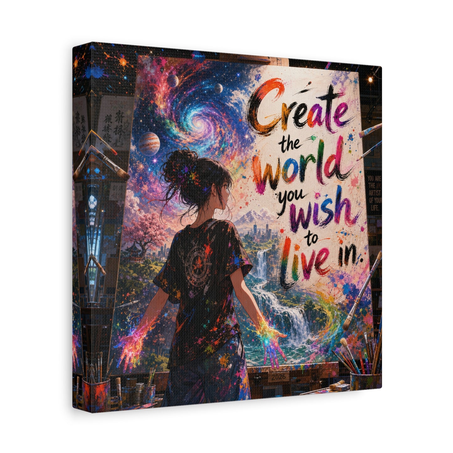 "Create The World You Wish To Live In" Inspirational Canvas Wall Art - Colorful Cosmic Artist Girl Quote Print - Modern Typography Decor - Bedroom Home Decoration, Creative Office Accent