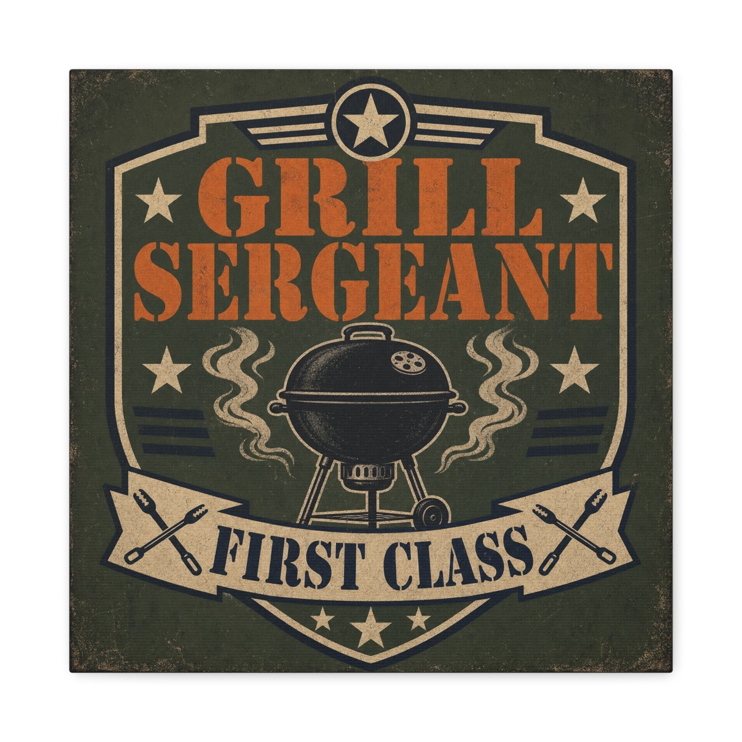 "Grill Sergeant First Class" BBQ Canvas Wall Art - Vintage Grill Badge Sign, Rustic Patriotic Kitchen Decor, Retro Barbecue Poster Style, Man Cave Wall Decor - Ready to Hang - Bedroom Home Decoration