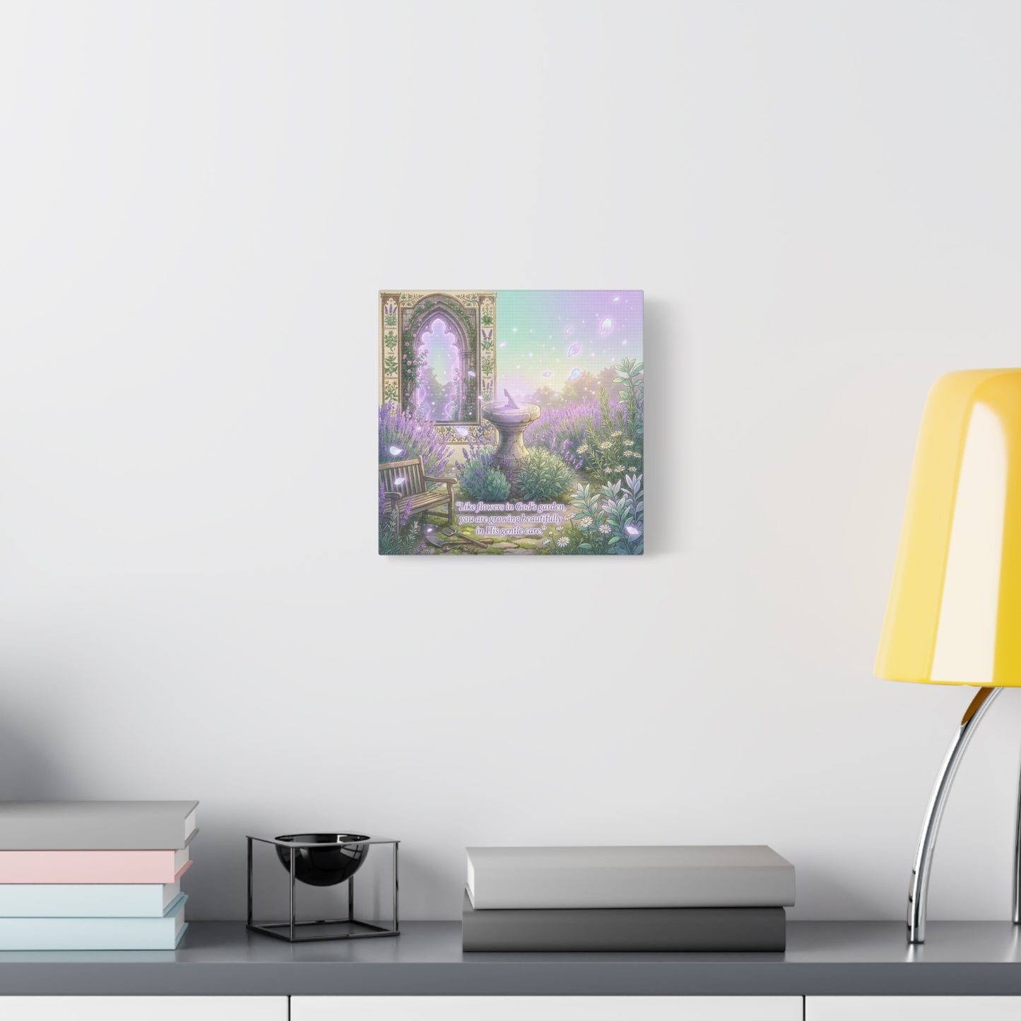 "Like Flowers In God's Garden, You Are Growing Beautifully In His Gentle Care" Canvas Wall Art - Lavender Garden Arch, Sundial Bench - Pastel Botanical Decor For Bedroom Living Room - Office Wall Art