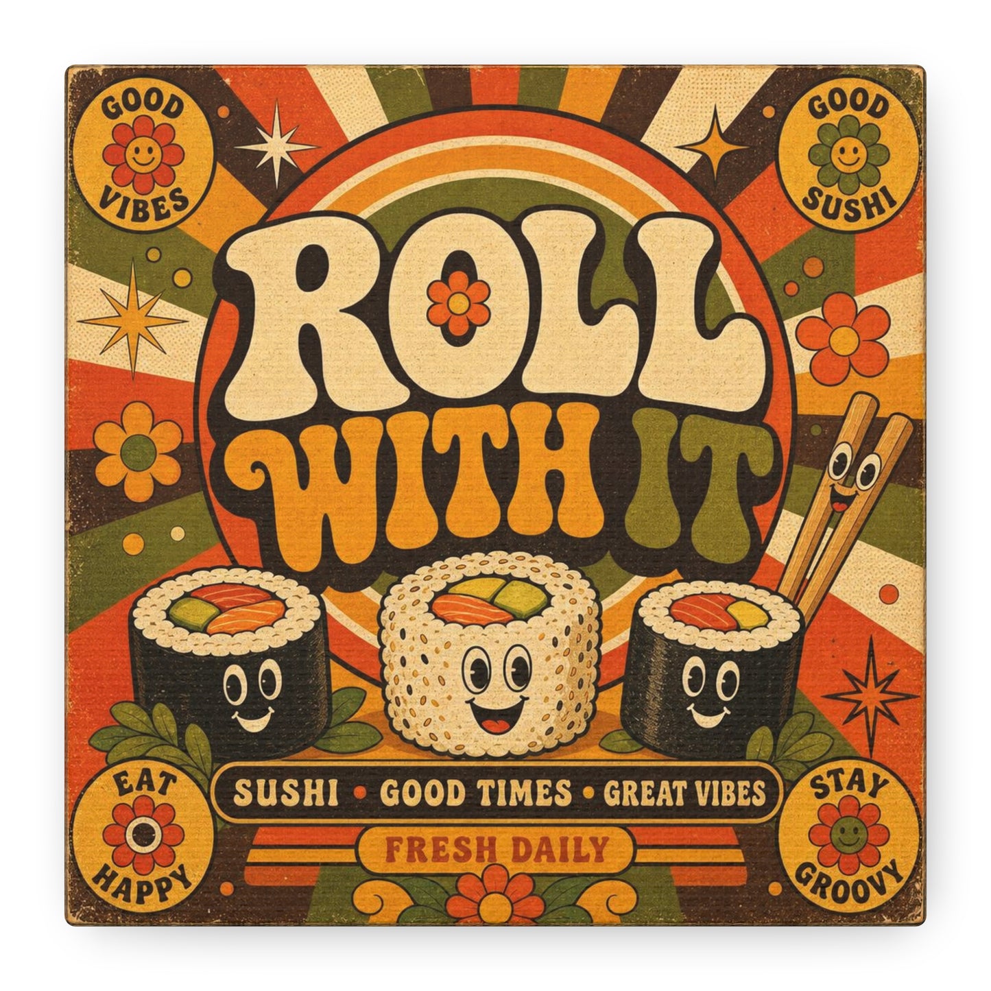 "Roll With It" Sushi Canvas Wall Art - Retro Typography Food Illustration, Groovy Orange Green Bohemian Print, Cafe Wall Decor, Kitchen Room Decoration, Vintage Poster Style - Bedroom Home Decoration