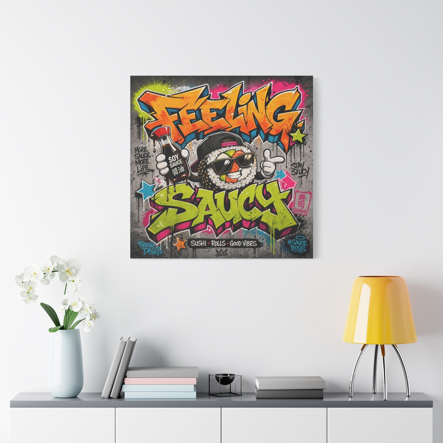 "Feeling Sauce" Graffiti Canvas Wall Art - Sushi Roll Street Illustration, Urban Pop Typography, Matte Cotton Print, Contemporary Decor for Kitchen Nook, Dining Space, Cafe Interior Accent