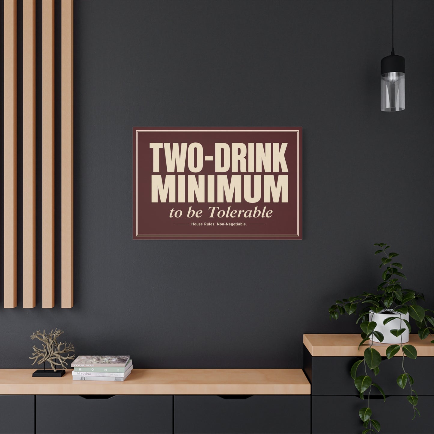 "TWO-DRINK MINIMUM to be Tolerable" Funny Typography Canvas Wall Art - Vintage Bar Quote Decor, Retro Humor Sign, Burgundy Cream Wall Hanging - Ready to Hang - Cocktail Lounge Decor - HP Latex Print
