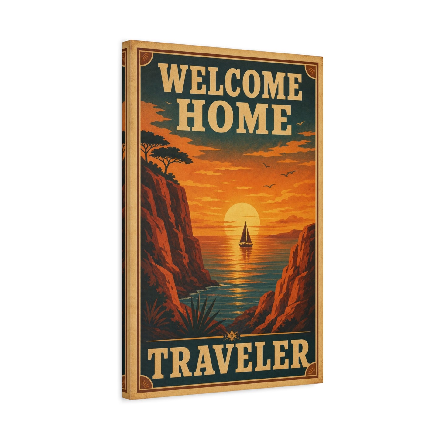 "Welcome Home Traveler" Vintage Coastal Canvas Wall Art - Sunset Sailboat Seascape Print - Retro Travel Poster Style - Living Room Wall Decor, Hallway Home Decoration - Modern Farmhouse Style