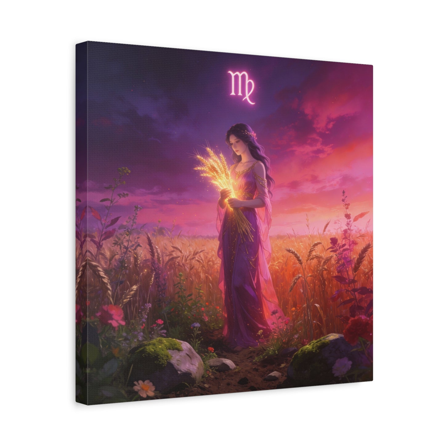 Virgo Zodiac Canvas Wall Art - Maiden Holding Glowing Wheat, Purple Twilight Field - Fantasy Illustration, Matte Canvas Print - Bedroom Wall Decor, Meditation Space Accent - Bedroom Home Decoration