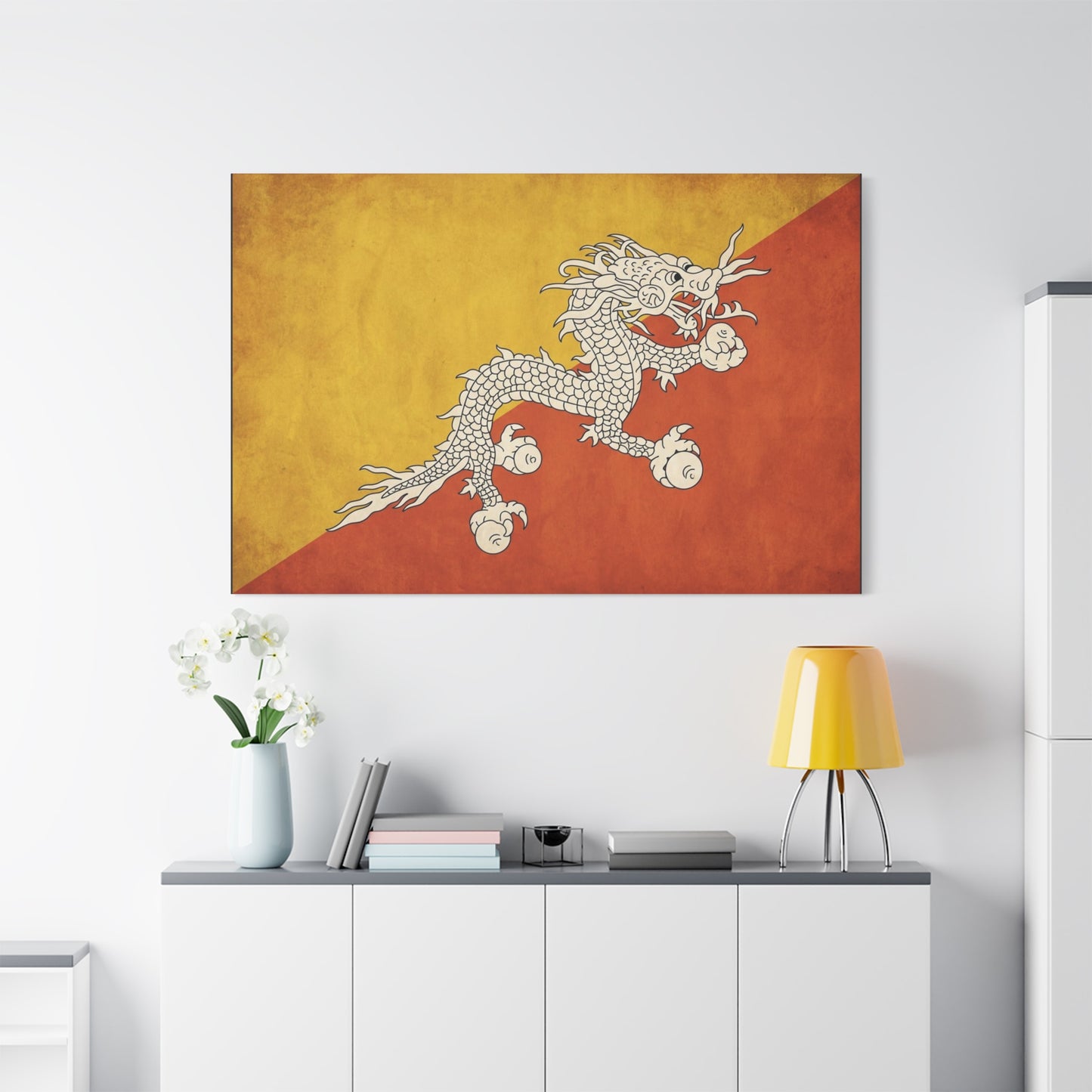 Bhutan Flag Dragon Canvas Wall Art - White Druk On Yellow Orange Field - Vintage Textured Print, Cultural Wall Decor, Living Room Home Decoration - Modern Farmhouse Style - Bedroom Home Decoration