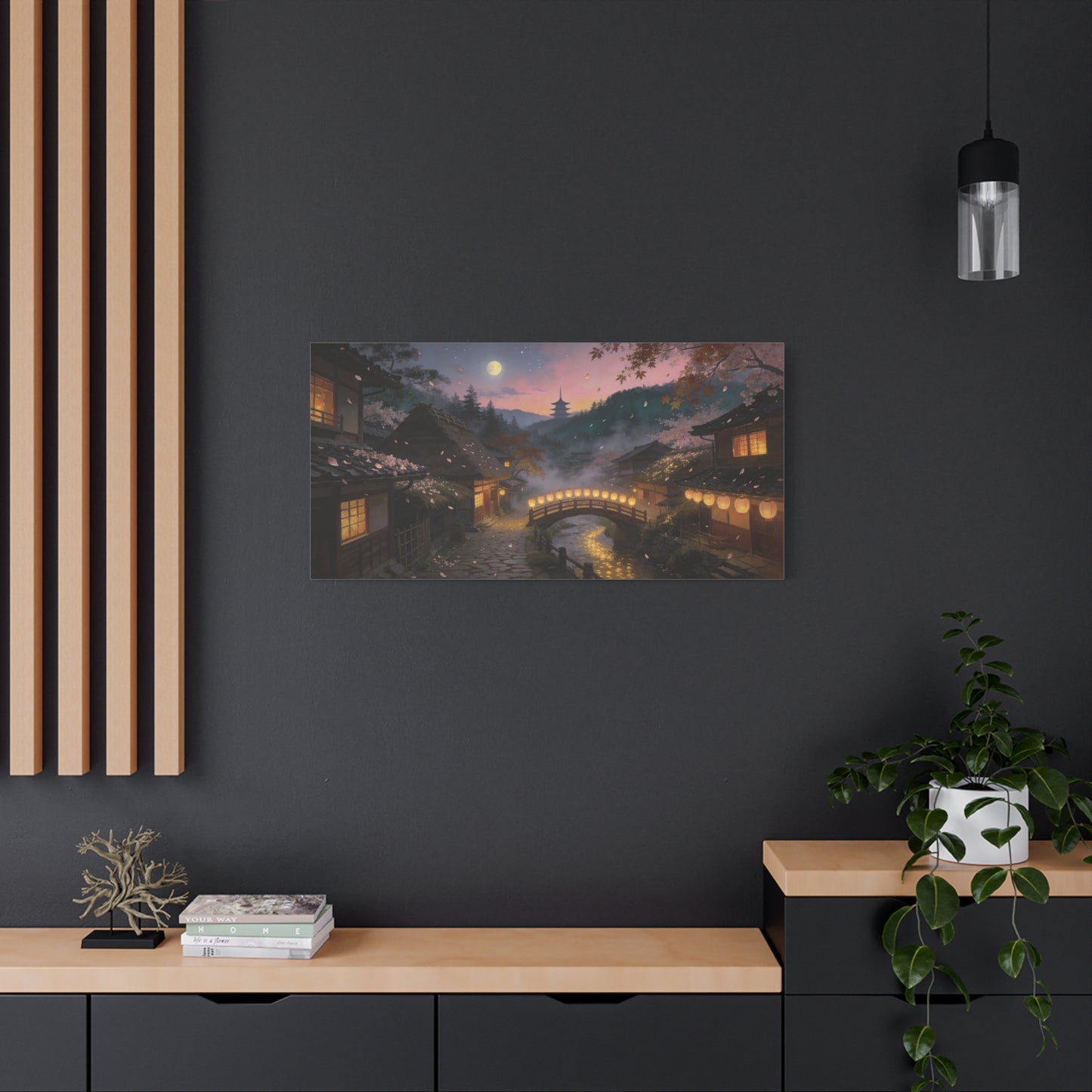 Japanese Village Moonlit Canvas Wall Art - Lantern Bridge, Cherry Blossom Petals, Pagoda Landscape - Matte Cotton Print - Traditional Style, Living Room Wall Decor, Bedroom Decoration - Ready to Hang