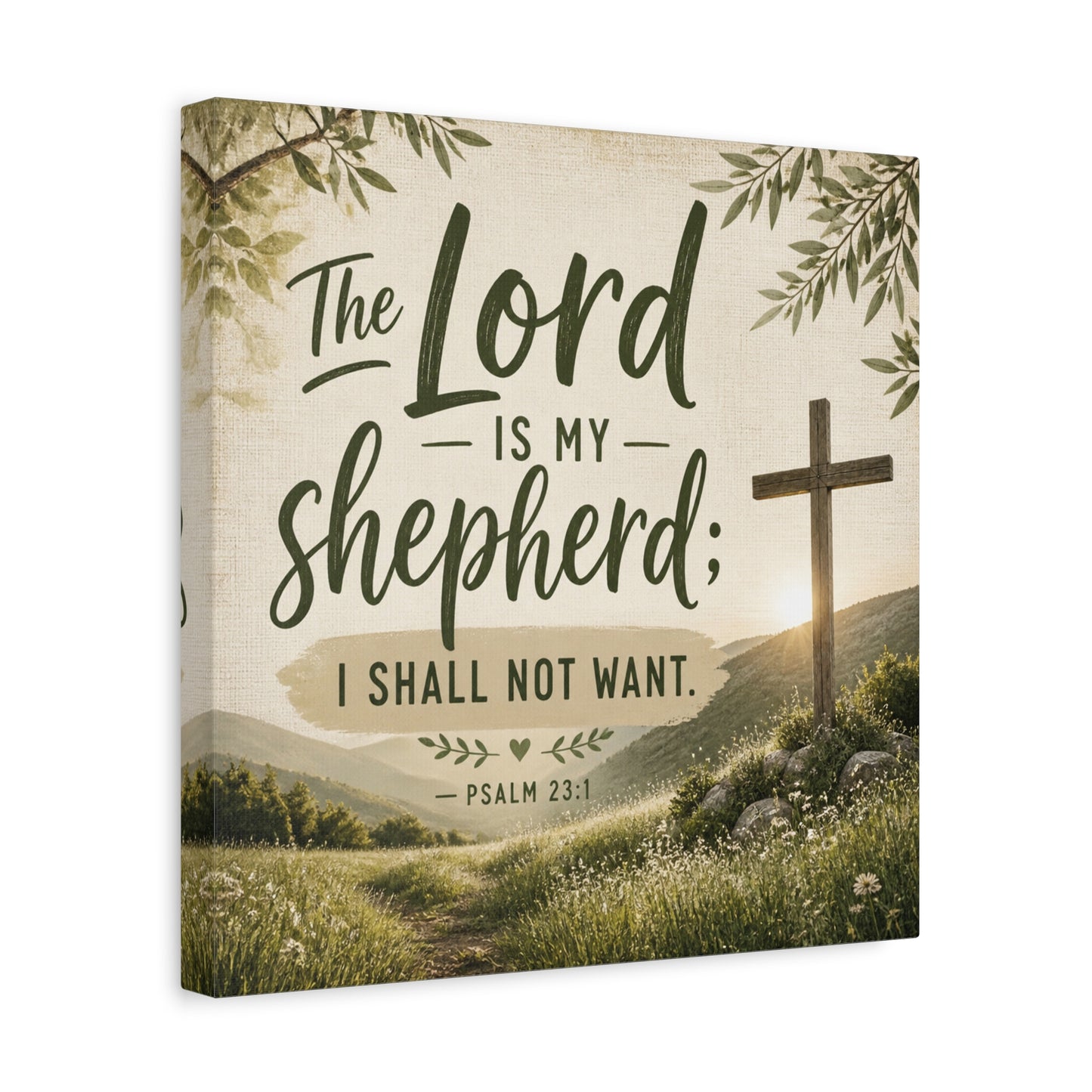 "The Lord Is My Shepherd, I Shall Not Want. - Psalm 23:1" Christian Canvas Wall Art - Rustic Cross Meadow Landscape, Farmhouse Scripture Decor, Bedroom Living Room Wall Hanging - Ready to Hang