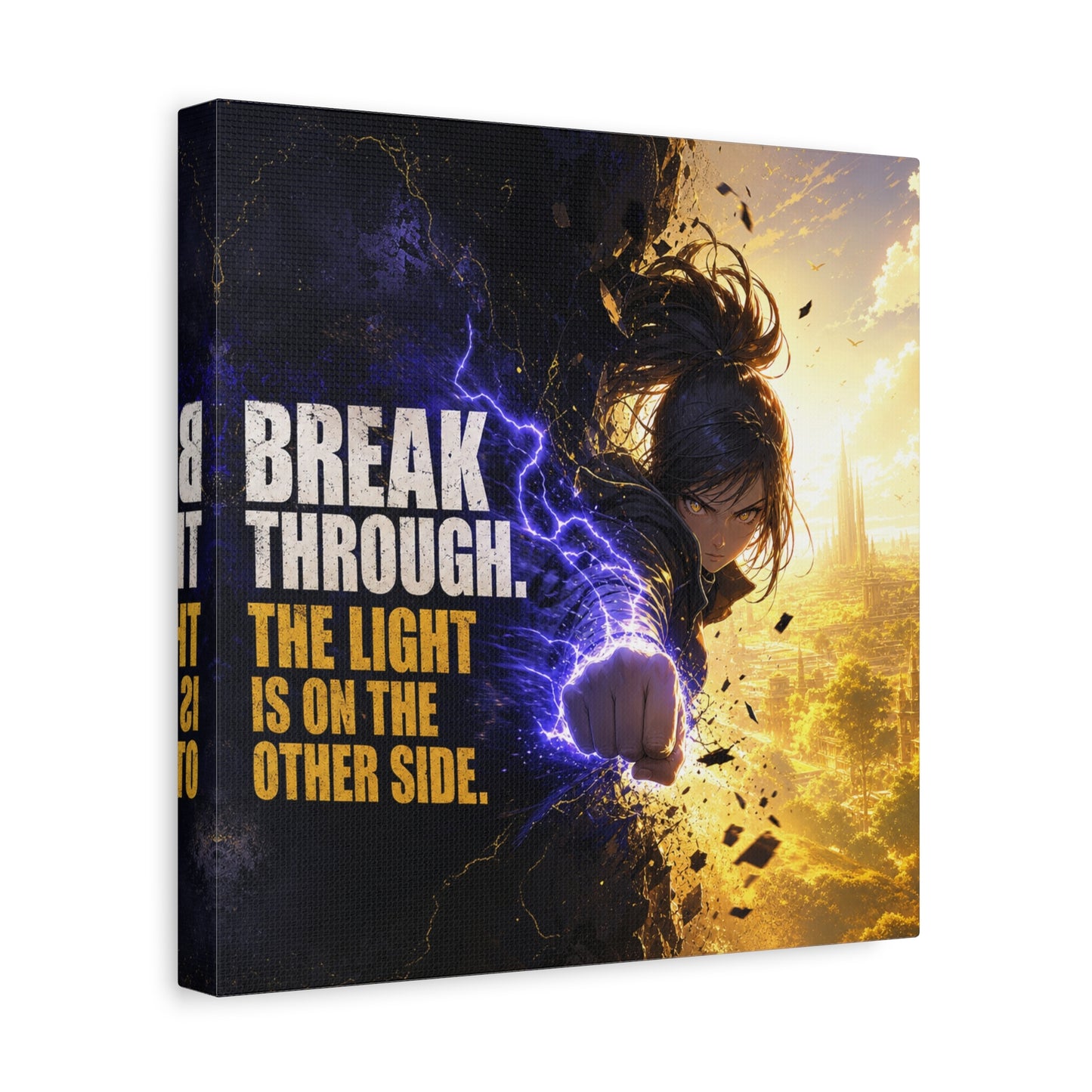 "Break Through. The Light Is On The Other Side." Anime Canvas Wall Art - Motivational Fantasy Girl Poster Print, Dramatic Gold Lightning, Contemporary Bedroom Decor, Teen Room Accent - Office Wall Art