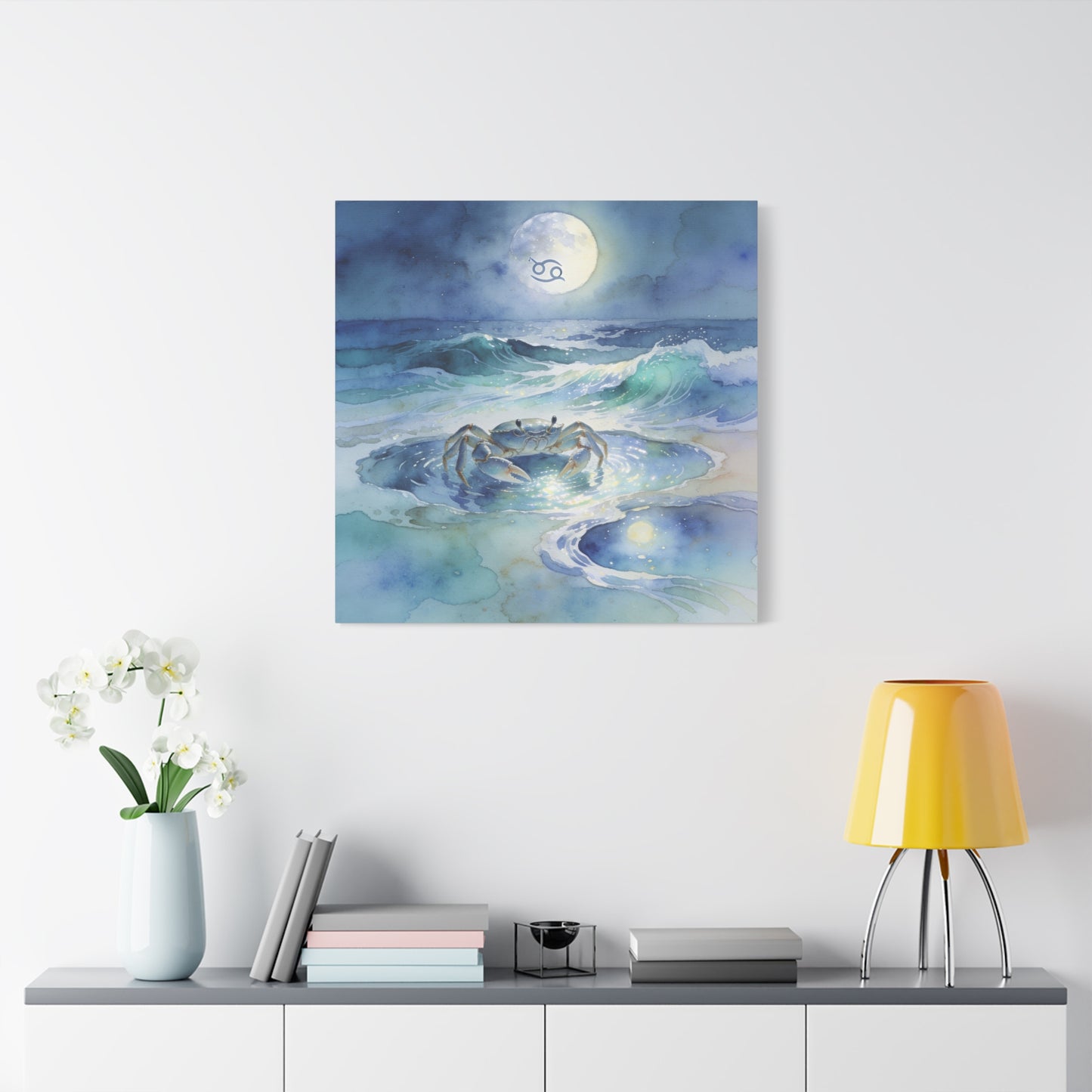 Cancer Zodiac Canvas Wall Art - Moonlit Ocean Crab Watercolor Print, Coastal Astrology Decor - Serene Blue Seascape - Bedroom Wall Decor, Meditation Space Accent, Bohemian Style - Ready to Hang