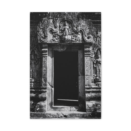 Buddhist Temple Doorway Canvas Wall Art - Black And White Stone Carving, Religious Architecture Print, Traditional Monochrome Decor - Living Room Wall Decor, Office Art - Bedroom Home Decoration