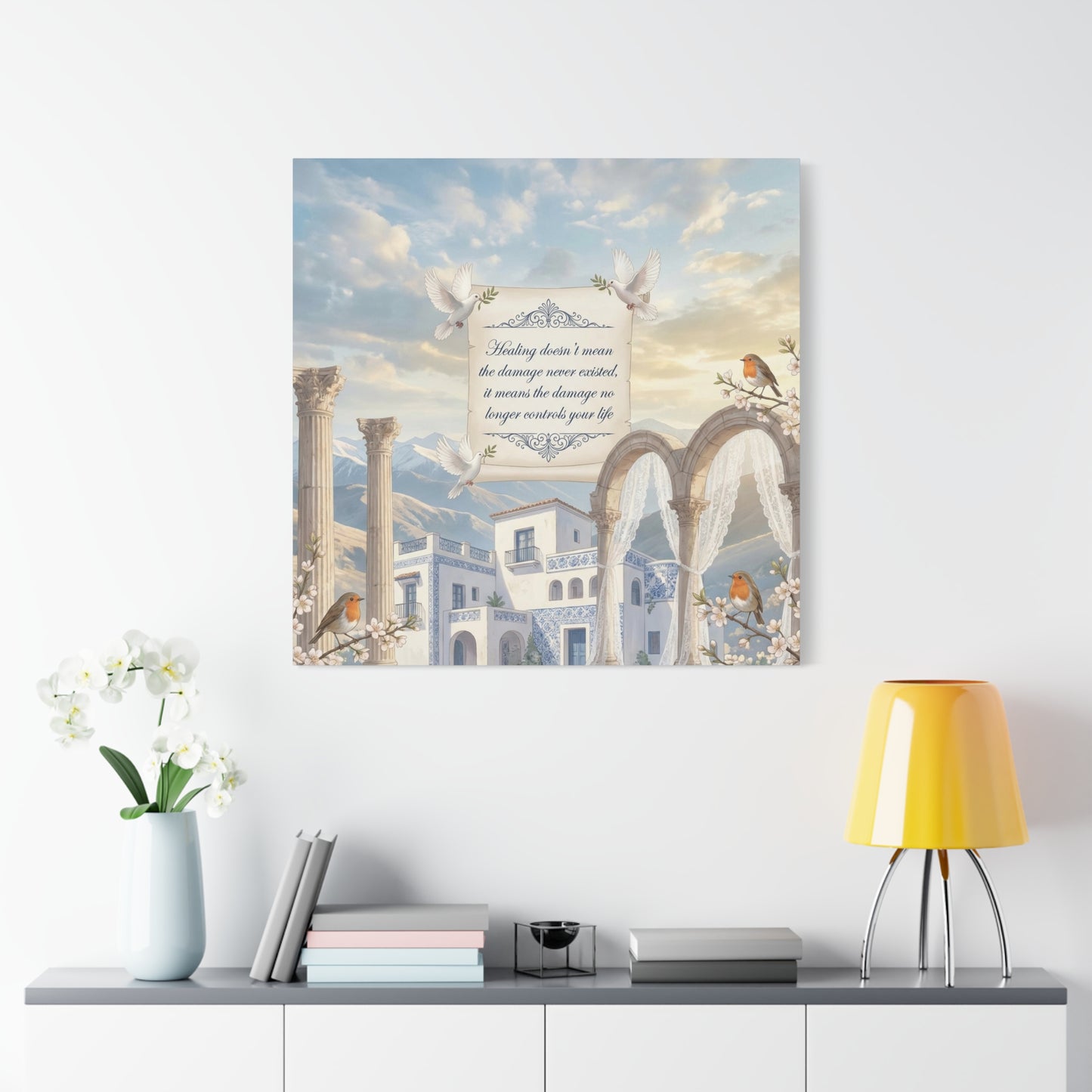 "The Damage No Longer Controls Your Life" Inspirational Canvas Wall Art - Doves, Robins, Classical Arches, Mountain Villa Quote Print - Matte Finish Canvas - Bedroom Home Decoration, Meditation Space