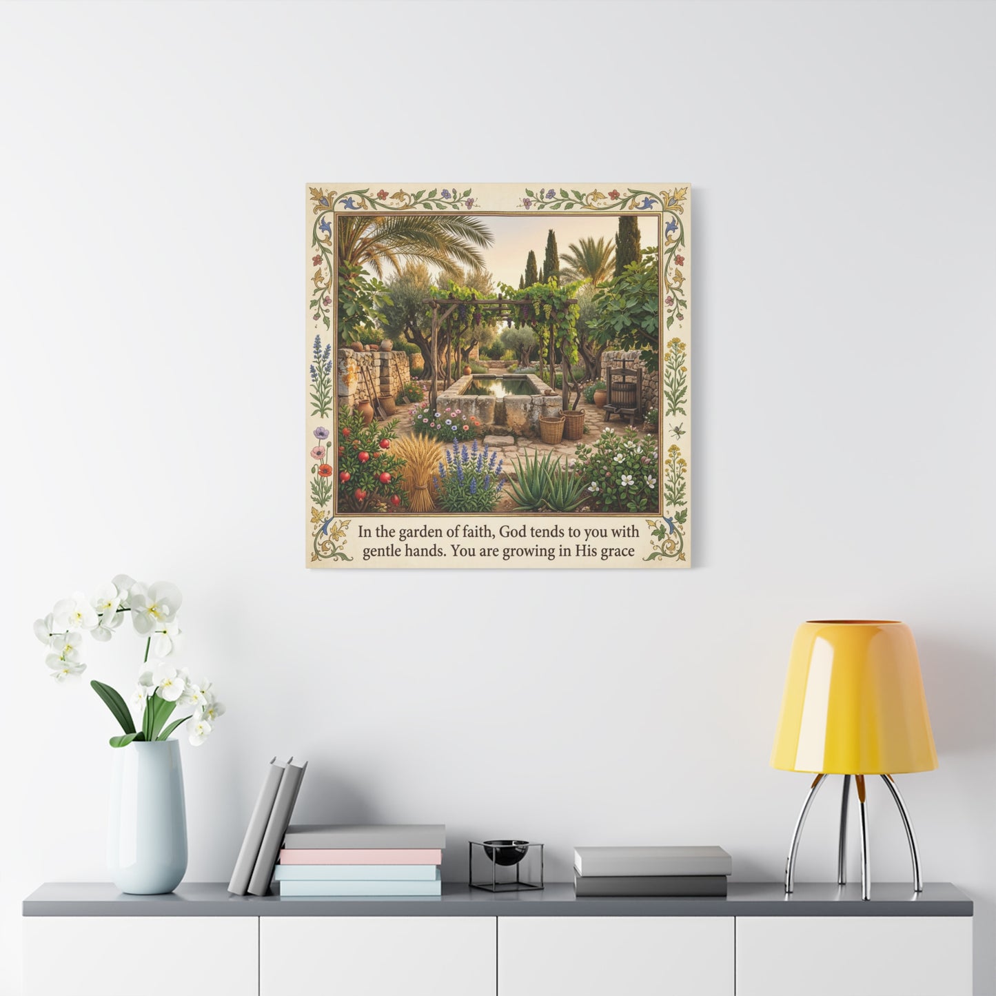 "In The Garden Of Faith, God Tends To You" Canvas Wall Art - Biblical Garden Scripture Print, Floral Border, Rustic Mediterranean Courtyard Scene - Christian Home Decor For Living Room - Ready to Hang