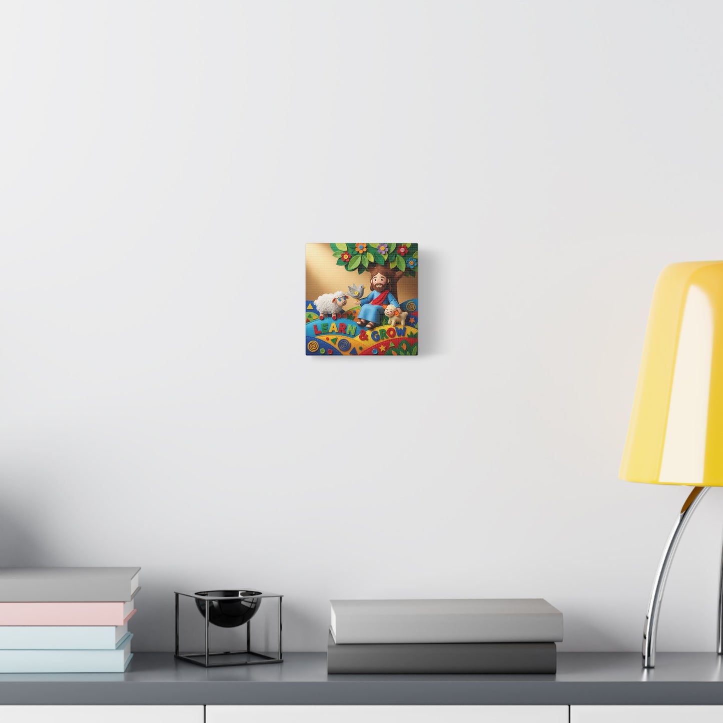 "Learn & Grow" Jesus Canvas Wall Art - Christian Nursery Decor, Lamb And Dove Under Tree - Colorful Felt Style Canvas Print - Kids Room Wall Hanging, Classroom Decoration - Ready to Hang