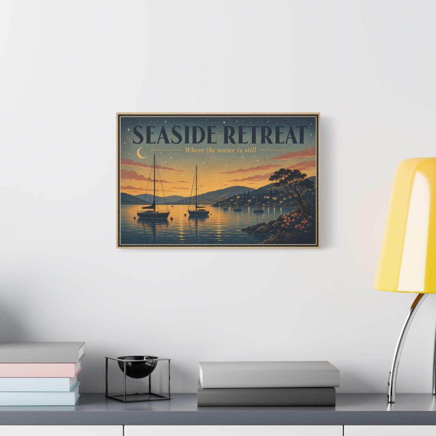 "Seaside Retreat Where The Water Is Still" Coastal Canvas Wall Art - Vintage Sailboat Harbor Sunset Print, Nautical Seascape Decor - Living Room Bedroom Wall Decor - Ready to Hang - Ready to Hang