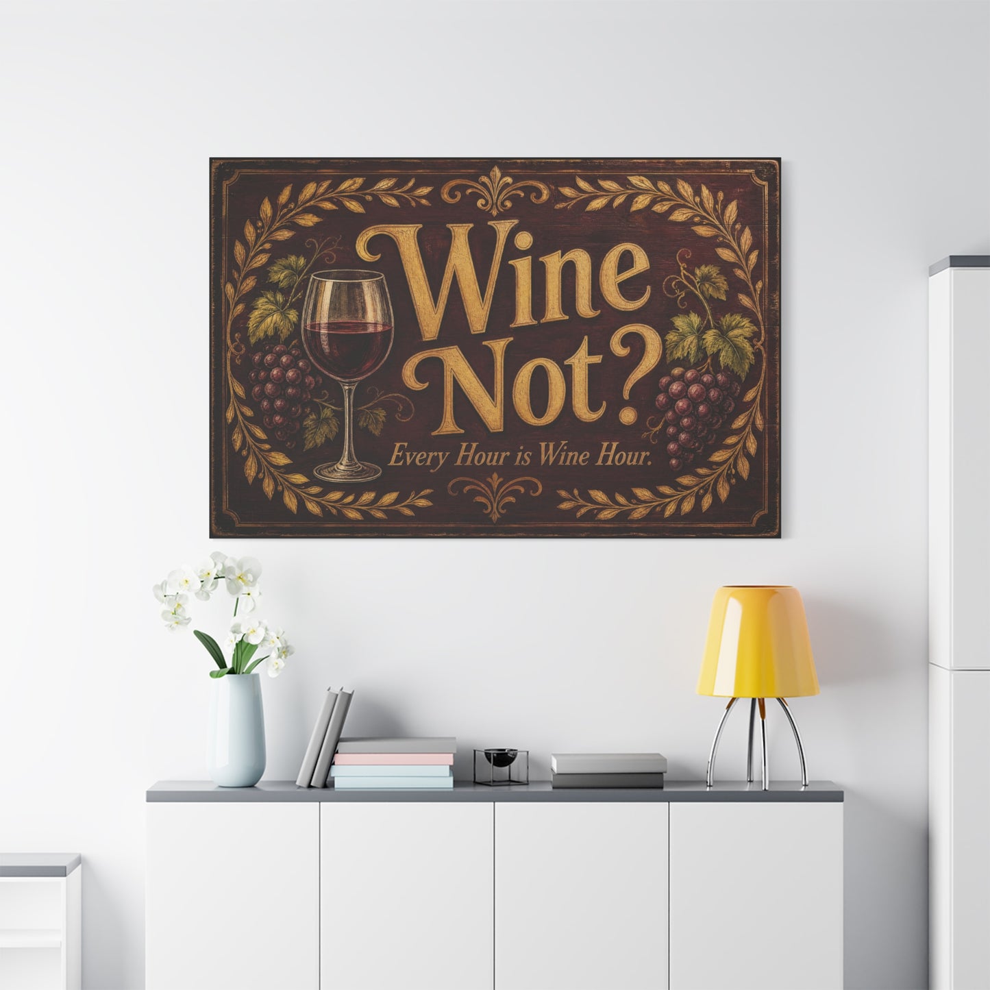 "Wine Not" Every Hour Is Wine Hour Canvas Wall Art - Rustic Vineyard Quote Decor - Vintage Decoration - Farmhouse Bar Accent - Ready to Hang - Pub Wall Art - Cocktail Lounge Decor - Matte Finish Print