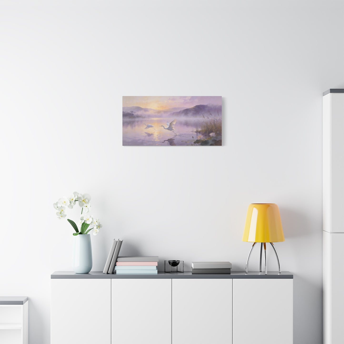 White Egret Canvas Wall Art - Misty Lake Sunrise Birds, Lotus Water Scene - Serene Impressionist Canvas Print - Bedroom Wall Decor, Living Room Home Decoration - Bedroom Home Decoration