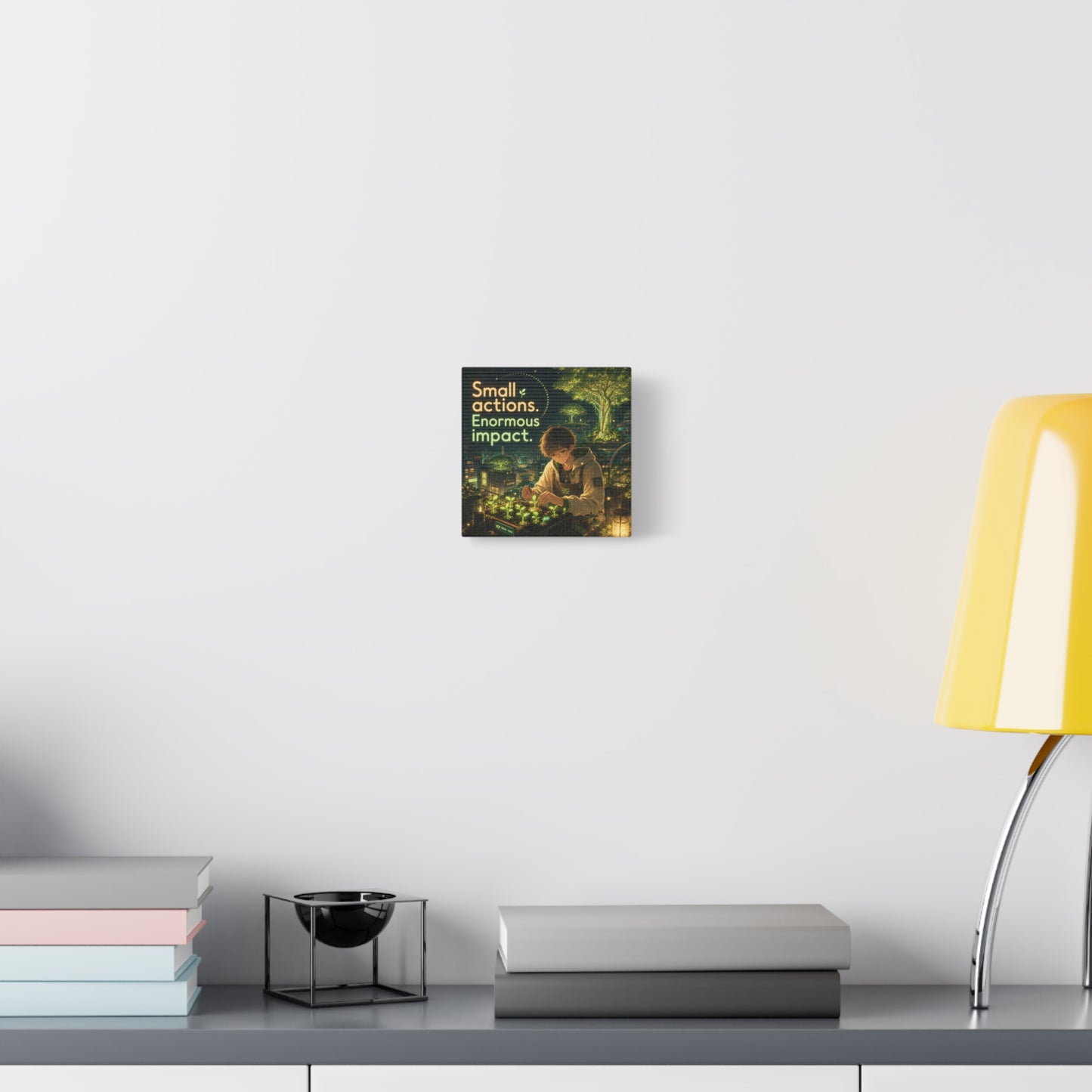 "Small Actions. Enormous Impact." Inspirational Canvas Wall Art - Anime Boy Gardening Cityscape - Glowing Green Night Illustration - Bedroom Home Decoration, Home Office Decor - Living Room Wall Decor