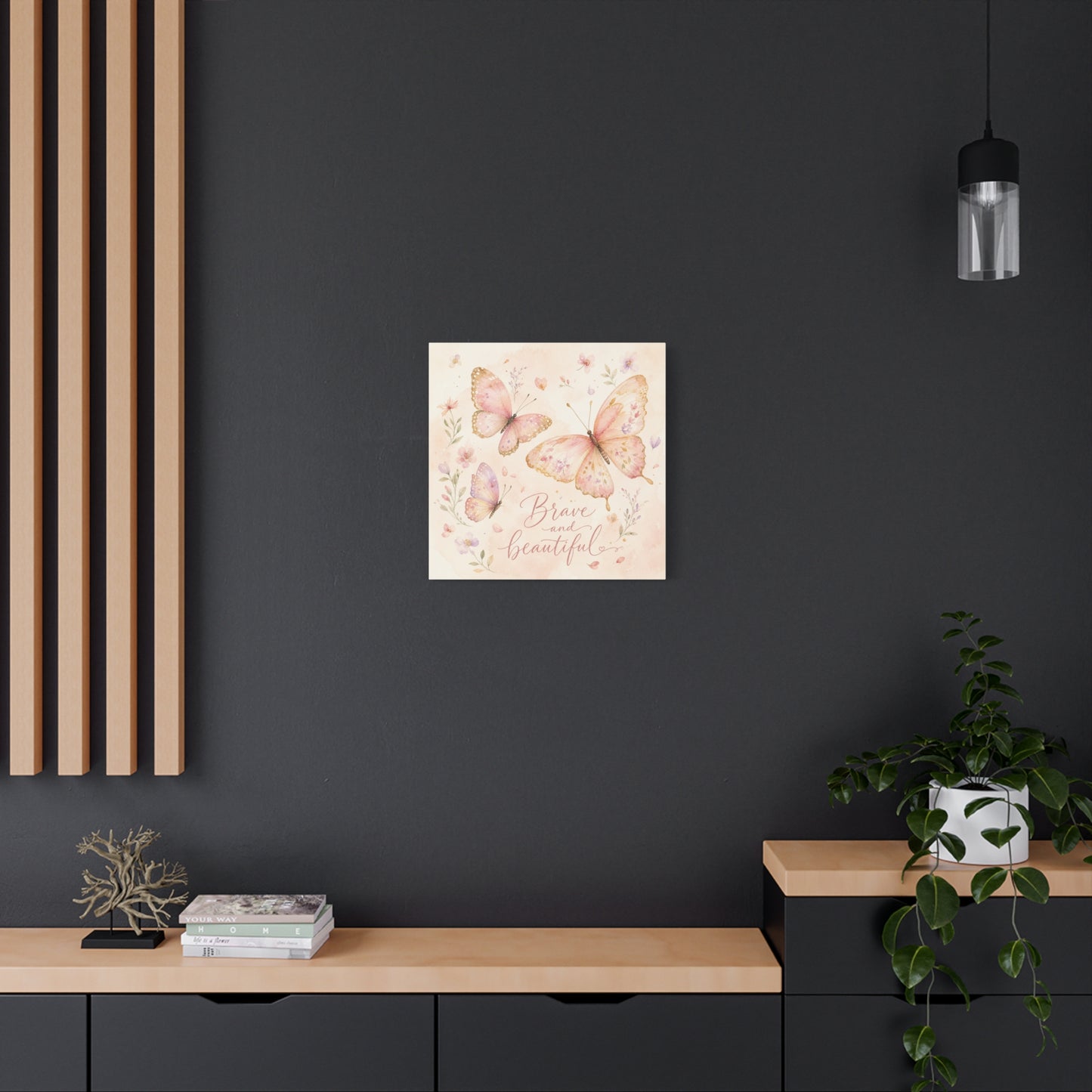 "Brave And Beautiful" Butterfly Canvas Wall Art - Pink Floral Watercolor Quote Print - Inspirational Girls Bedroom Decor - Nursery Wall Hanging - Bedroom Home Decoration - Modern Farmhouse Style