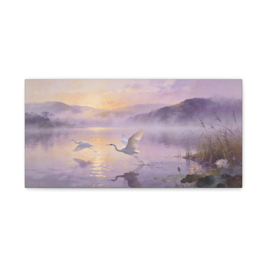 White Egret Canvas Wall Art - Misty Lake Sunrise Birds, Lotus Water Scene - Serene Impressionist Canvas Print - Bedroom Wall Decor, Living Room Home Decoration - Bedroom Home Decoration