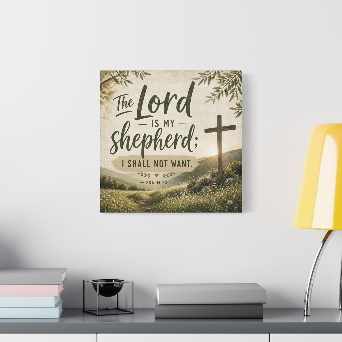 "The Lord Is My Shepherd, I Shall Not Want. - Psalm 23:1" Christian Canvas Wall Art - Rustic Cross Meadow Landscape, Farmhouse Scripture Decor, Bedroom Living Room Wall Hanging - Ready to Hang