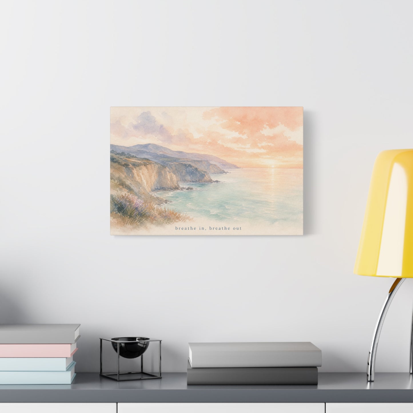 "Breathe In, Breathe Out" Coastal Sunset Canvas Wall Art - Watercolor Cliff Seascape, Jellyfish Room Decor, Serene Beach Landscape Print - Bedroom Home Decoration, Meditation Space - Office Wall Art