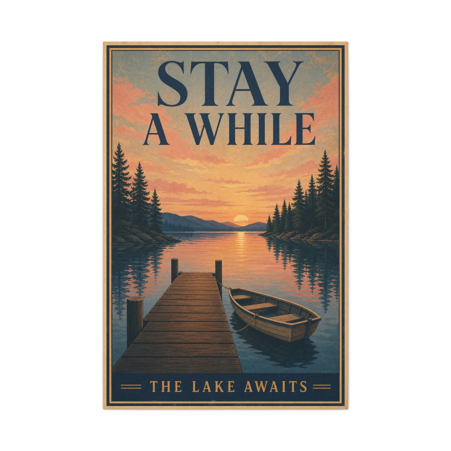 "Stay A While The Lake Awaits" Lake Sunset Canvas Wall Art - Vintage Dock And Rowboat Landscape Print, Rustic Cabin Decor, Bedroom Home Decoration, Entryway Accent - Office Wall Art - Ready to Hang